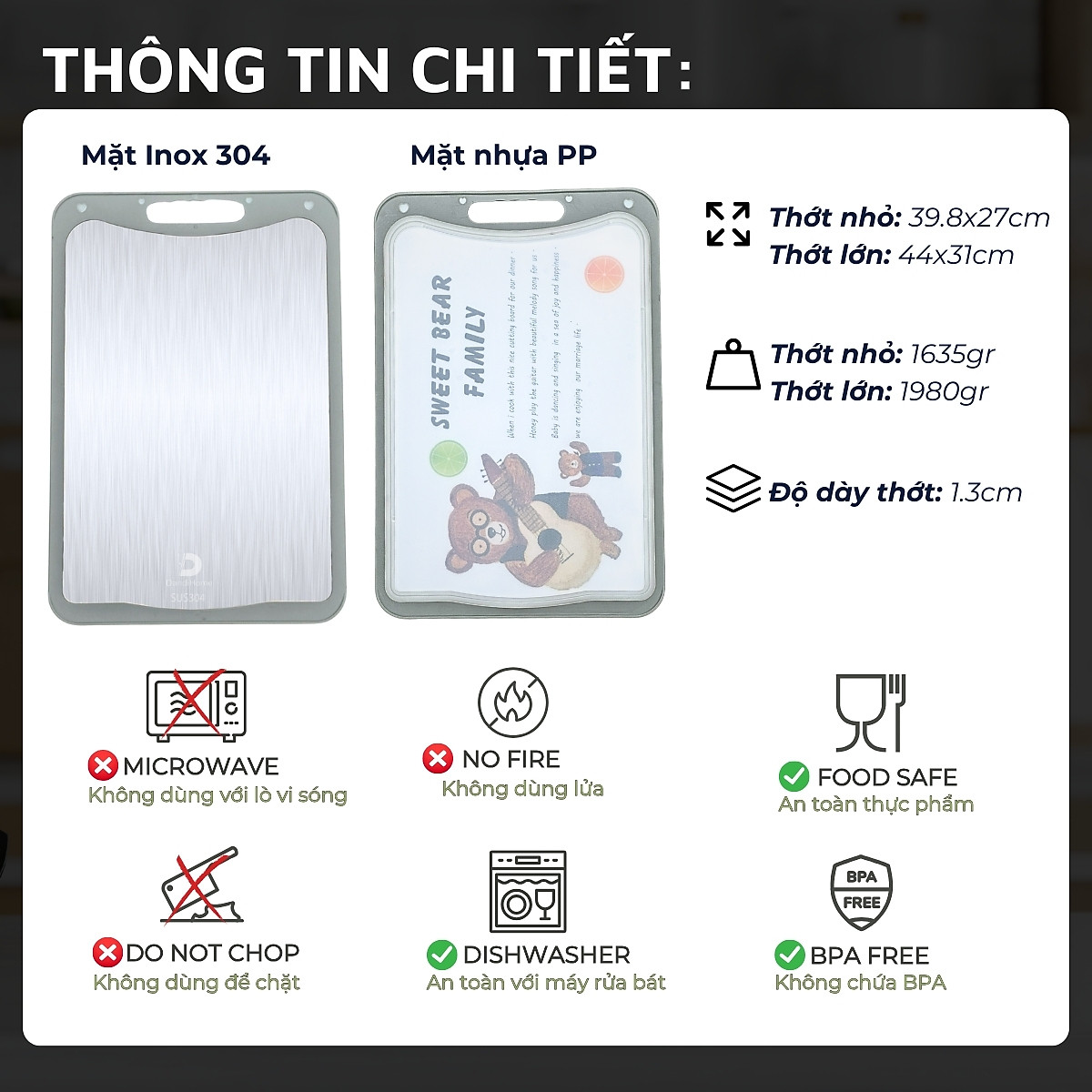 Thớt inox 304 và nhựa kháng khuẩn DandiHome cao cấp hai mặt - Hàng chính hãng