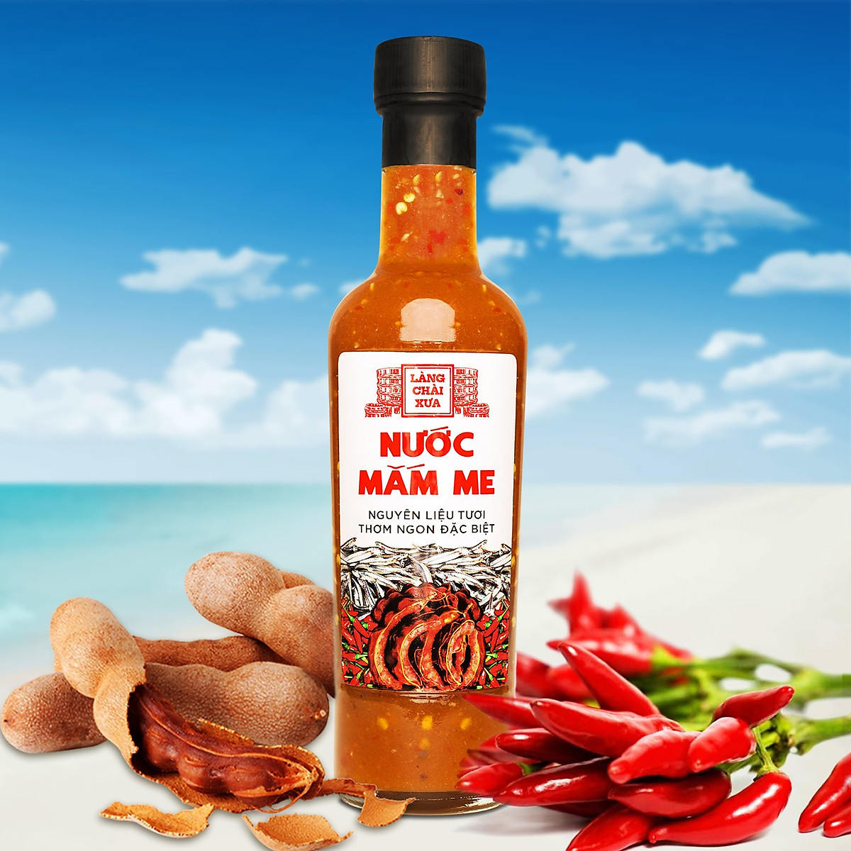 Đặc Sản Phan Thiết - Nước Mắm Me Cao Cấp Làng Chài Xưa, Nguyên Liệu Tươi, Thơm Ngon Đặc Biệt Từ Me, Tỏi, Ớt Tươi, Chai Thủy Tinh 300G