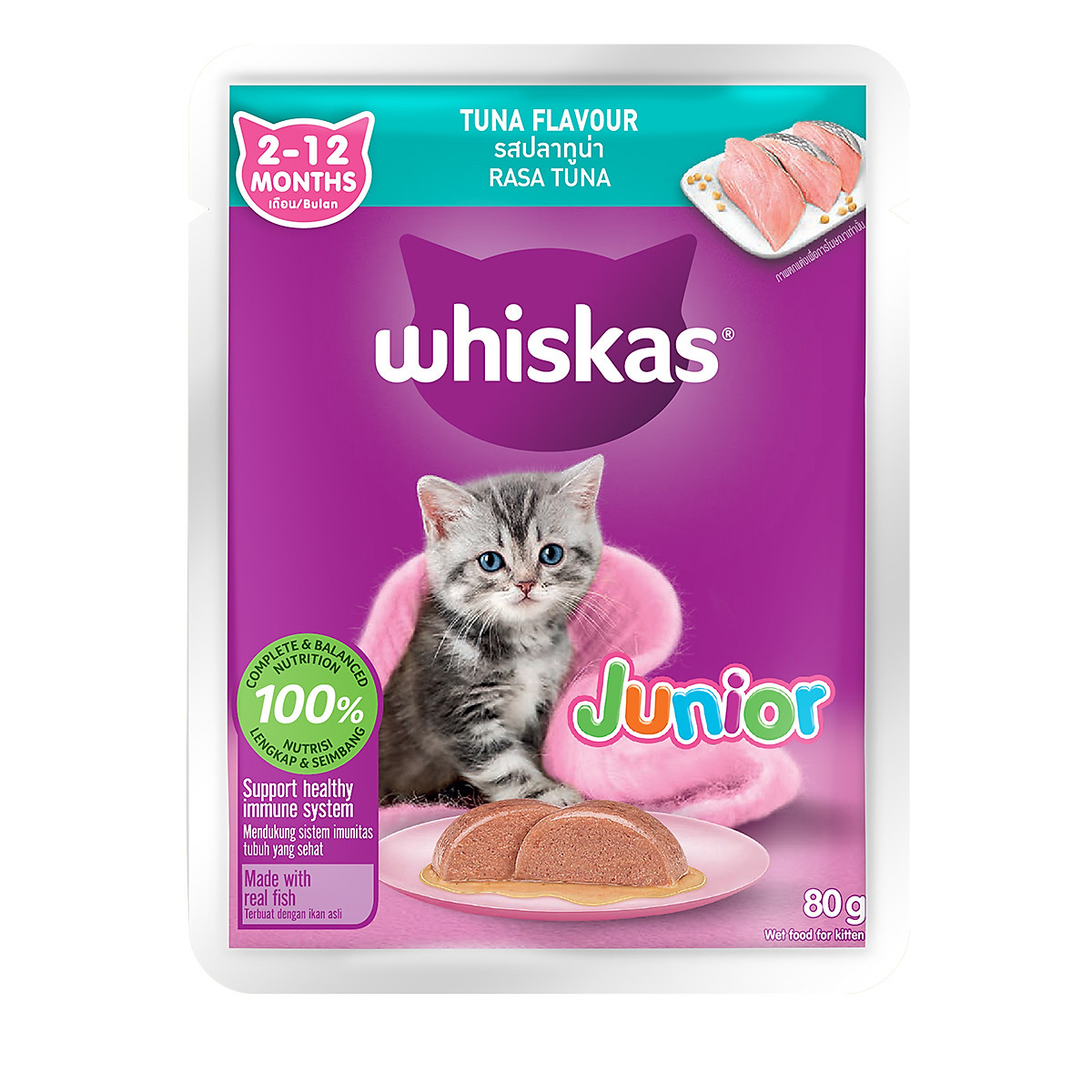Thức Ăn Cho Mèo Con WHISKAS Junior 2-12 months Vị Cá Ngừ 80g/Gói