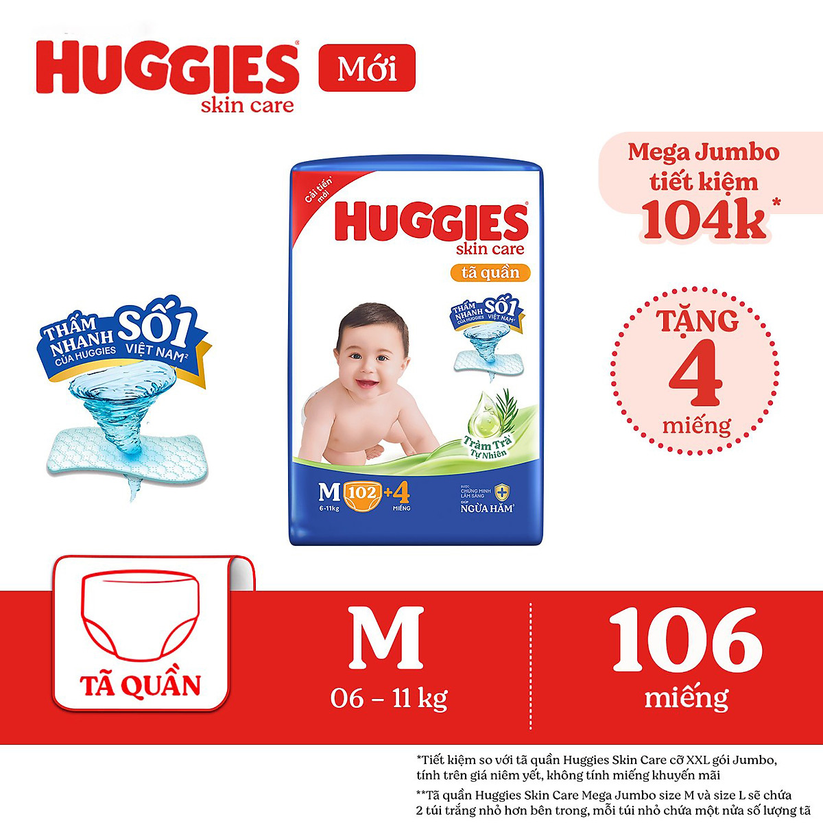 Tã/bỉm quần Huggies Skin Care Mega Jumbo M102+4 miếng với tràm trà dịu da