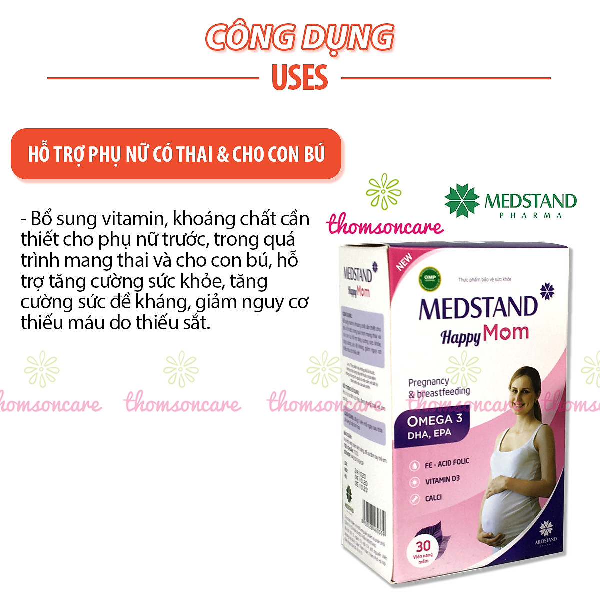Vitamin bầu Medstand Happy mom - Chứa Omega DHA, sắt, canxi - Bổ sung khoáng chất cho mẹ mang thai và sau sinh, cho con bú