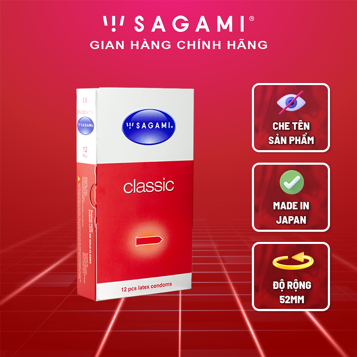 Bao cao su Sagami Classic - Mỏng - Kiểu truyền thống - Hộp 12 chiếc - Nhiều gel bôi trơn