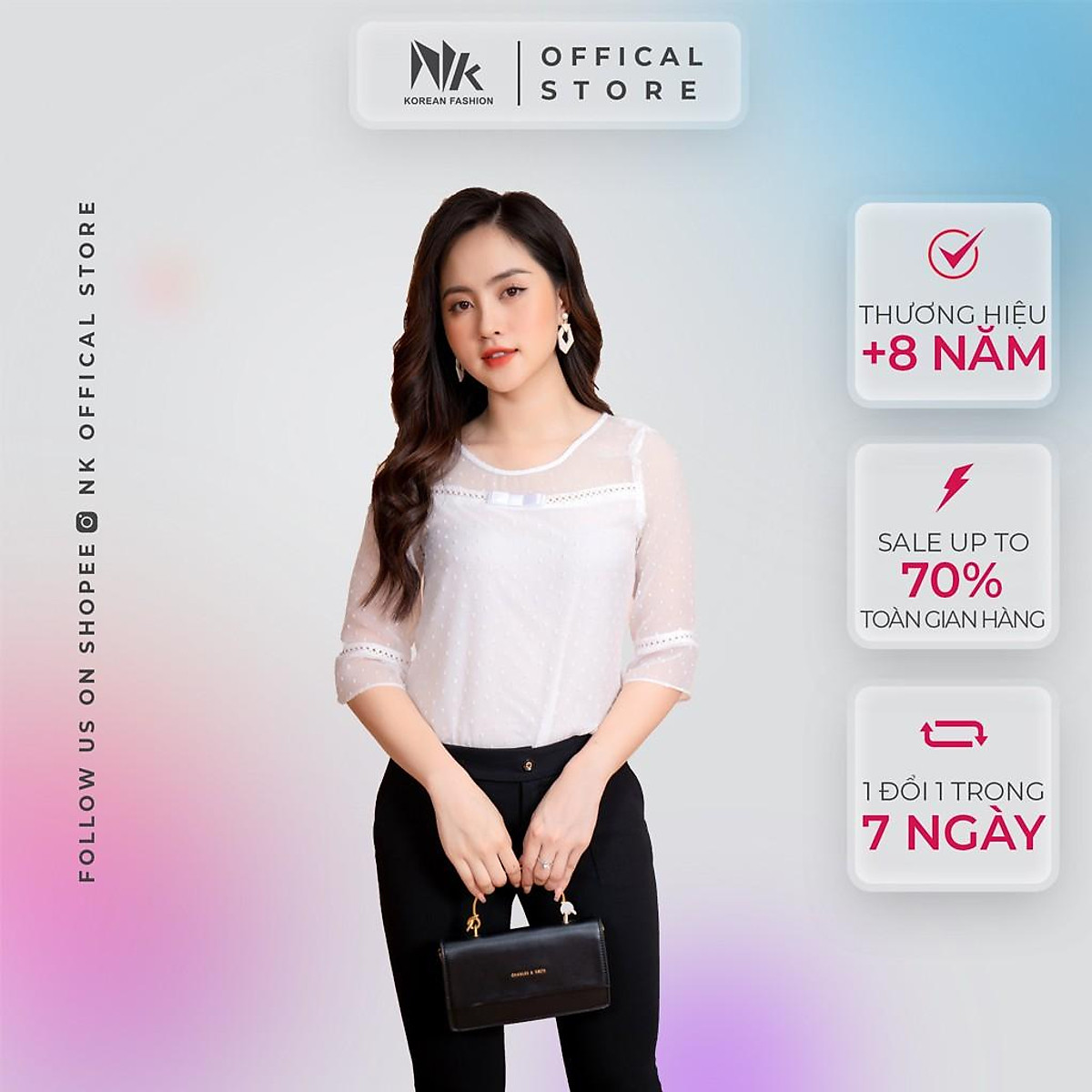 Áo Sơ Mi Nữ Công Sở NK FASHION Tay Lỡ, Voan Nổi, Vải Phối Ren Cao Cấp Hàn, Mềm Mịn Mát NKFSM2103019