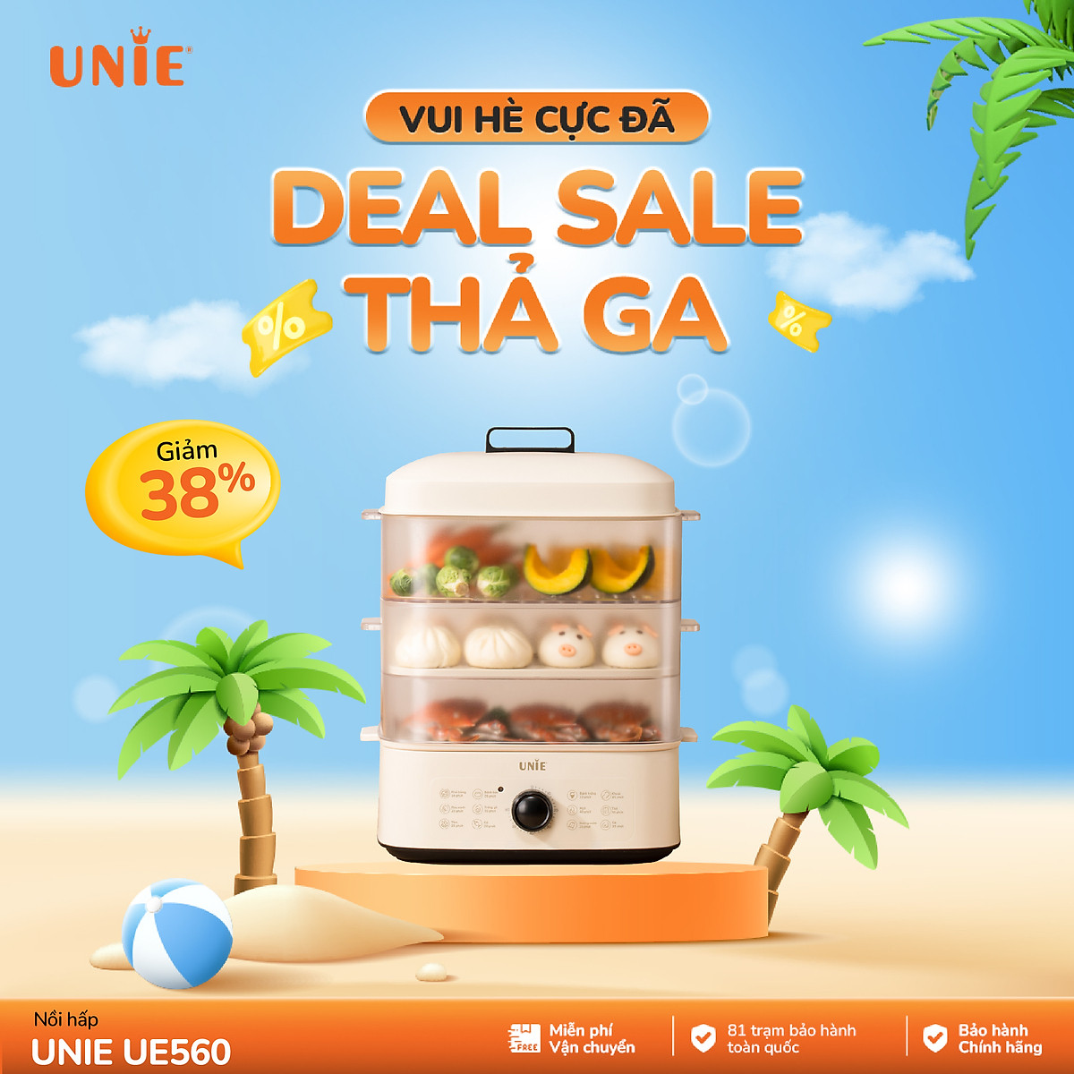 Nồi hấp 3 tầng UNIE UE560,dung tích 18l,công suất 850w,12 tính năng siêu tiện lợn,thiết kế trang nhã cao cấp,dễ vệ sinh- HÀNG CHÍNH HÃNG