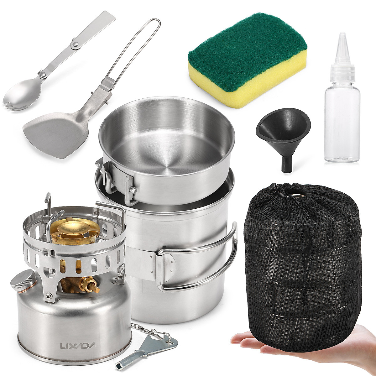 Mua Lixada 9pcs Stainless Steel Camping Cookware Mess Kit with Gasoline  Stove Cooking Pot Pan Spork Scoop Cleaning Sponge | Tiki