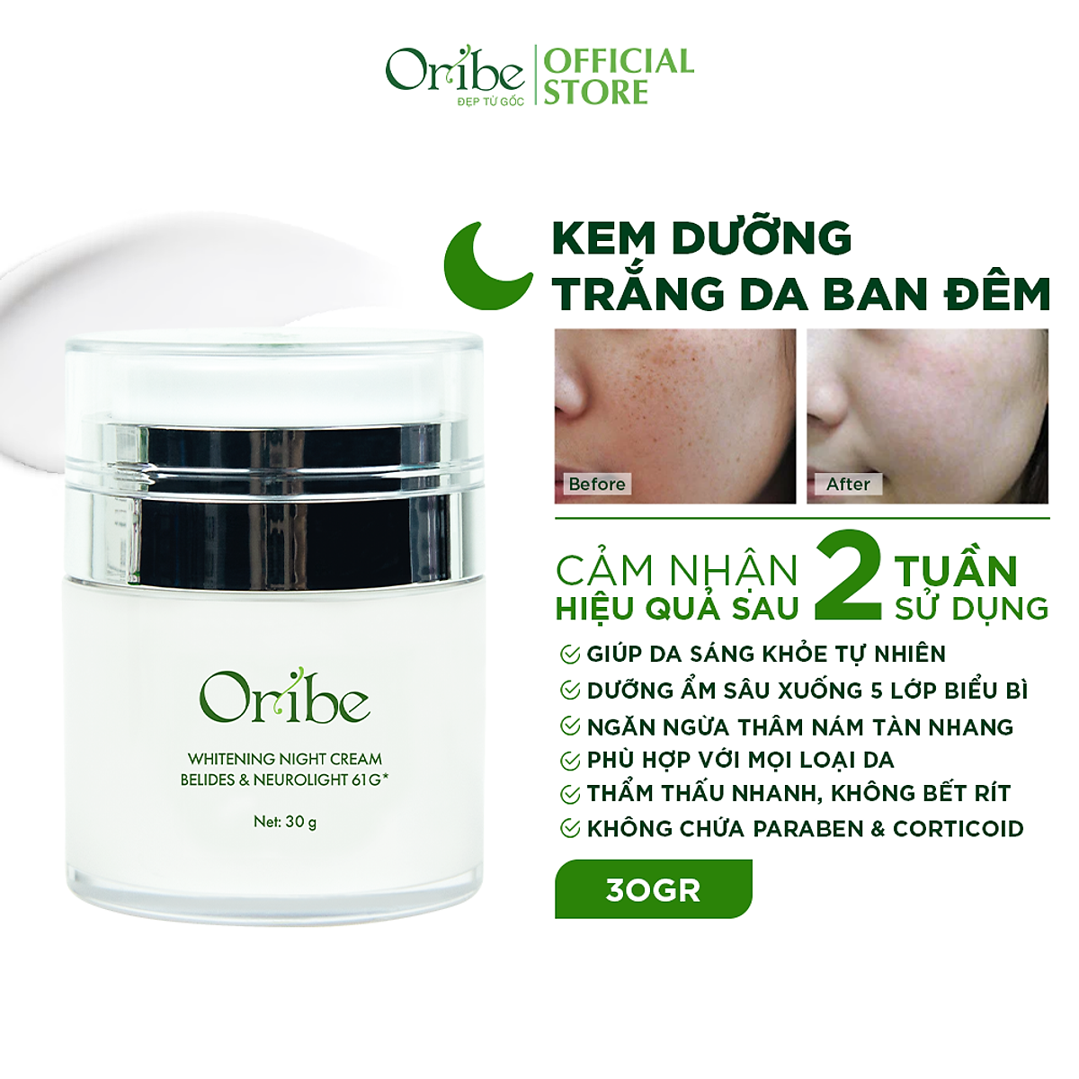 Kem Dưỡng Trắng Da Ban Đêm Oribe Dưỡng Ẩm Làm Mờ Thâm Nám 30g