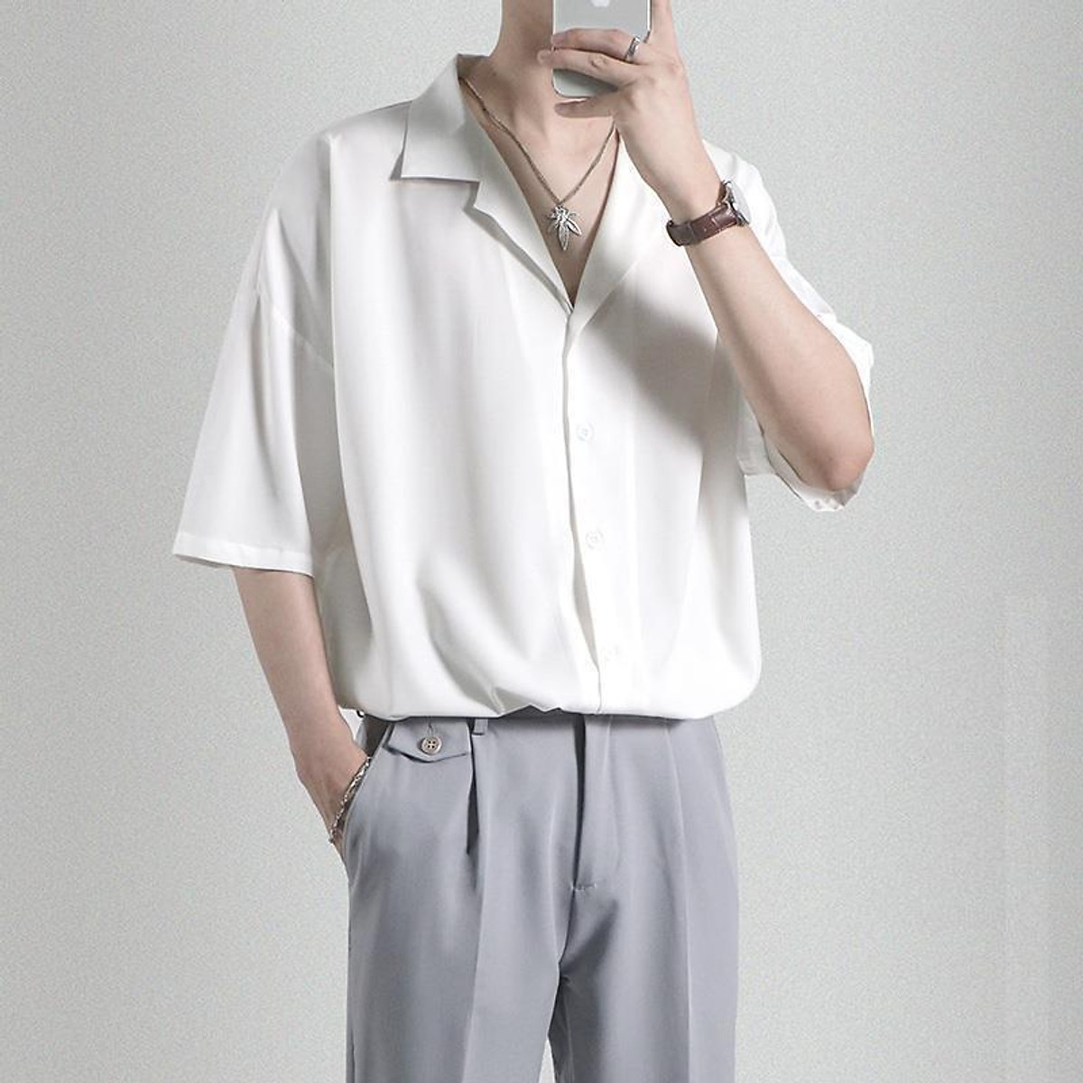 Áo sơ mi tay ngắn cổ vest đen phong cách unisex  MAYLAN STORE