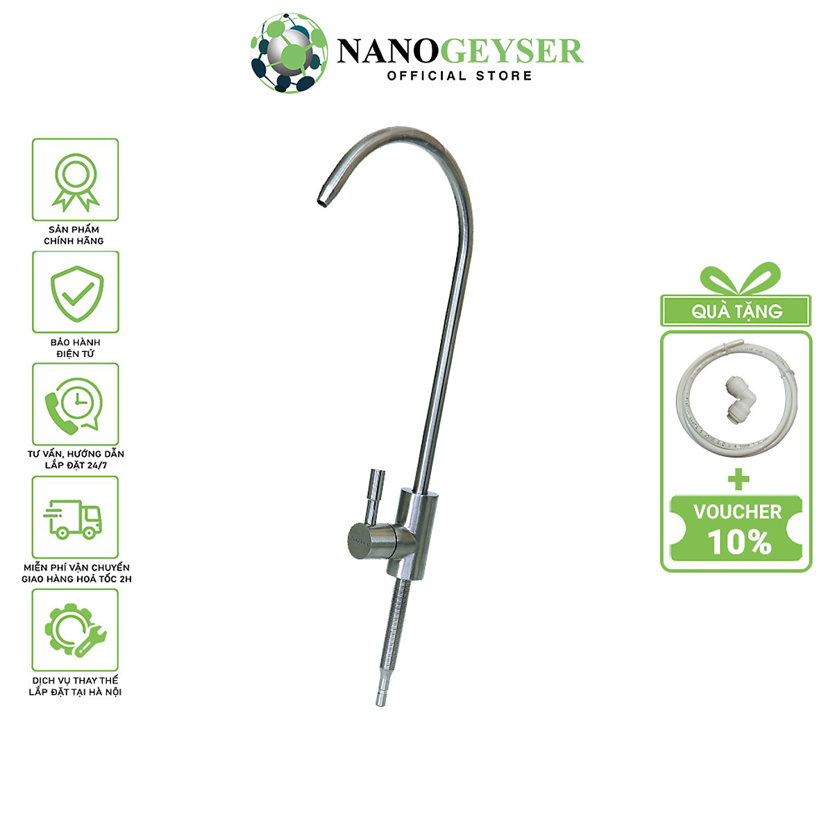 Vòi máy lọc nước Inox 304 Nano Geyser không Chì, Vòi gạt cổ ngỗng nối nhanh - Hàng Chính Hãng