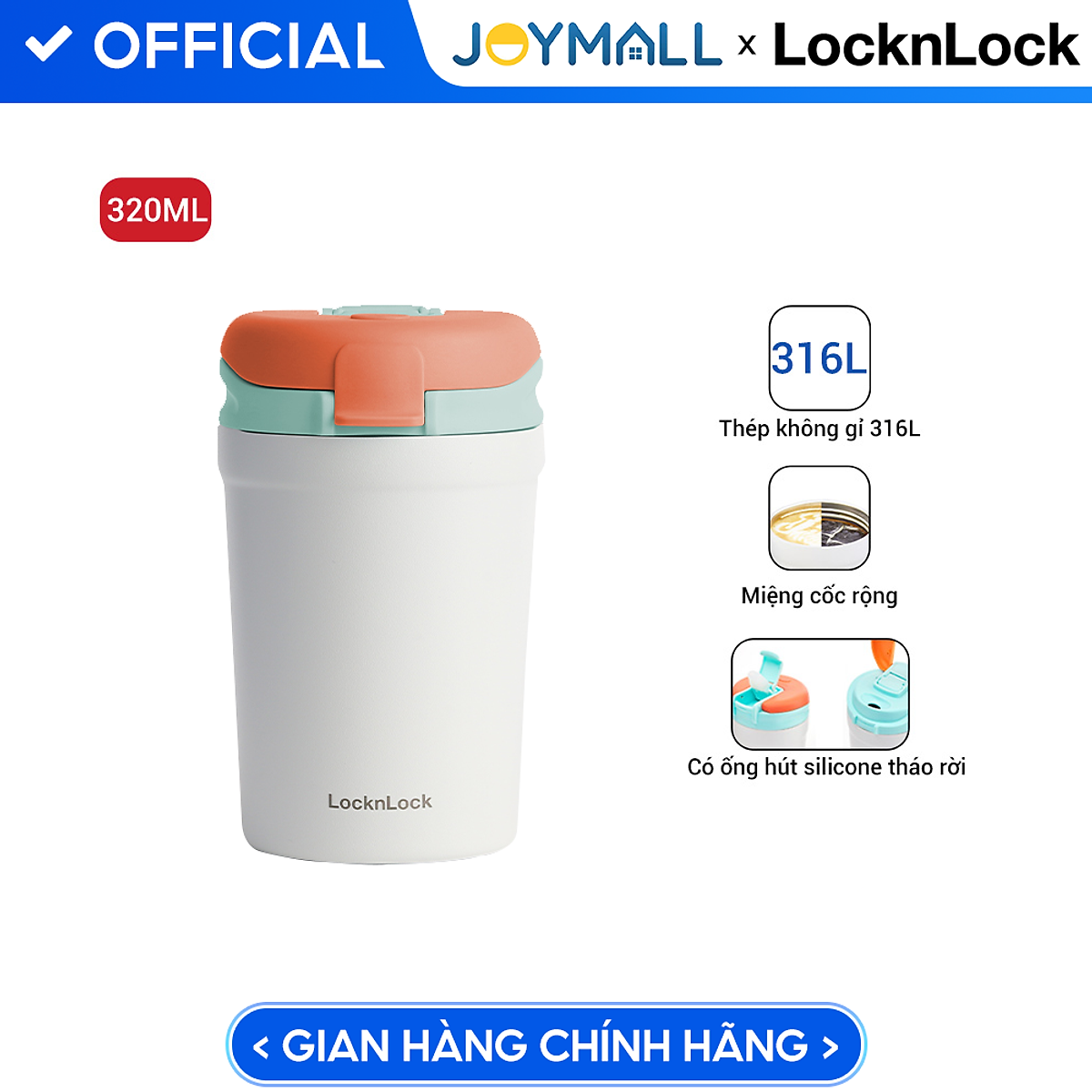 Bình giữ nhiệt LocknLock 320ml LHC4290YRED thép 316L, Hàng chính hãng, nắp bật hai chiều, có ống hút - JoyMall