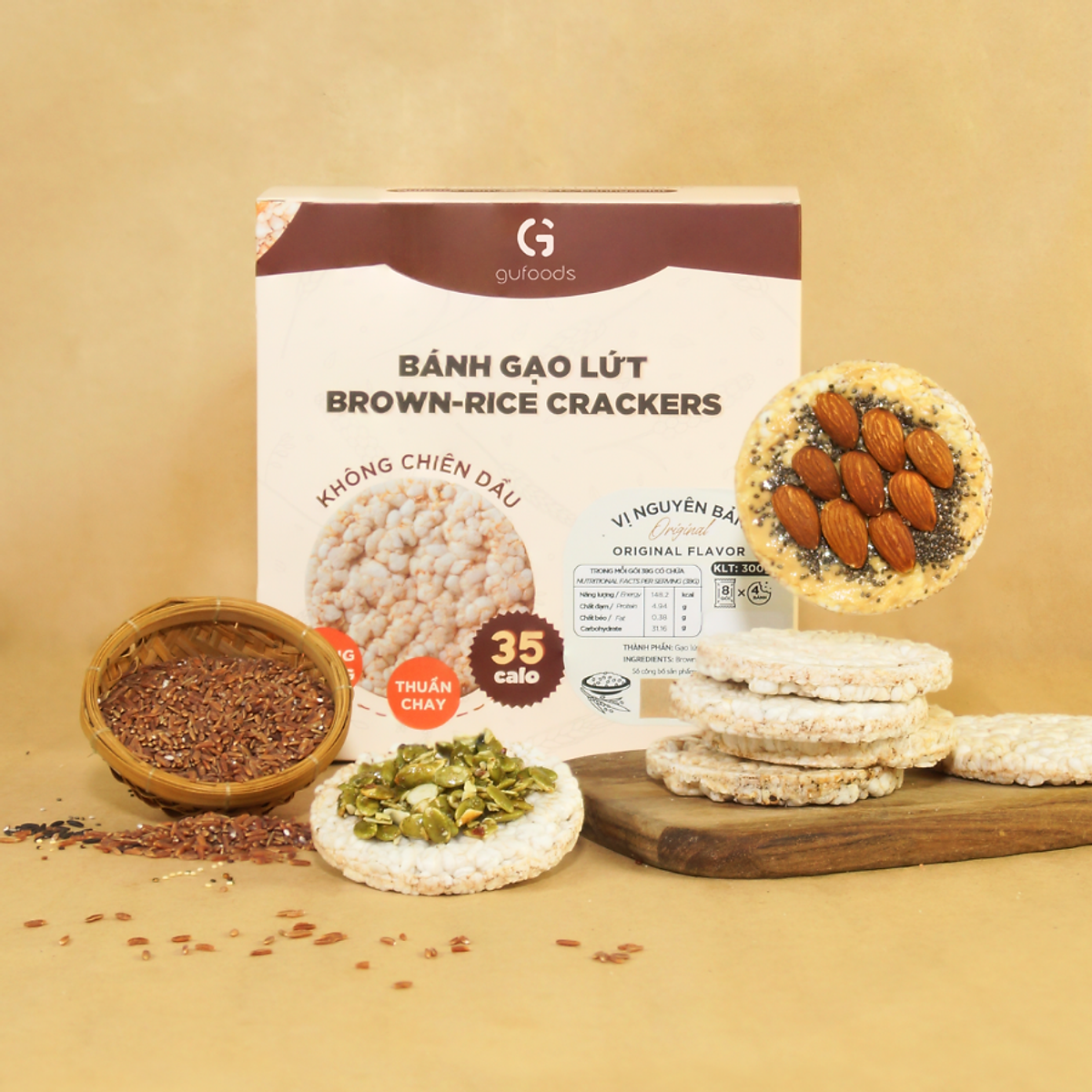 Bánh gạo lứt nguyên hạt ăn kiêng GUfoods (Gói 170g=18 bánh) - Không chiên dầu, Phù hợp Eat clean, Ăn vặt healthy, Thực dưỡng, Tập Gym, Giảm cân