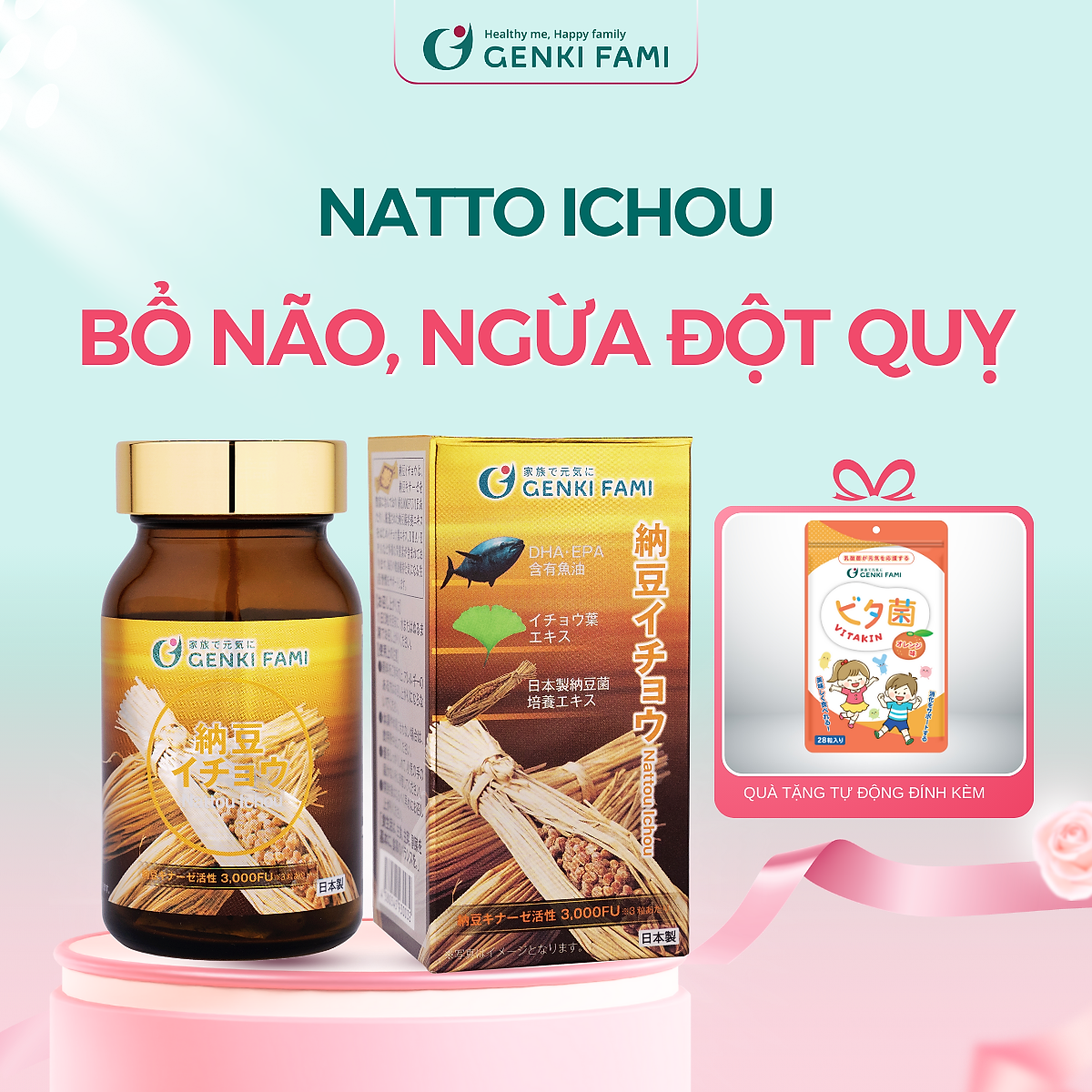 Viên Uống Phòng Ngừa Đột Quỵ, Bổ Não Nattokinase 3000FU Natto Ichou Genki Fami Nhật Bản