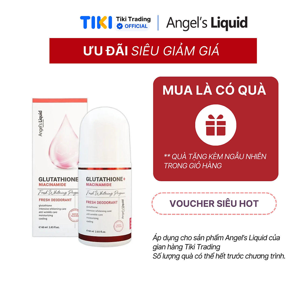 Lăn Nách Mờ Thâm, Dưỡng Trắng Da Angel's Liquid Glutathione Plus Niacinamide Fresh Deodorant 60ml