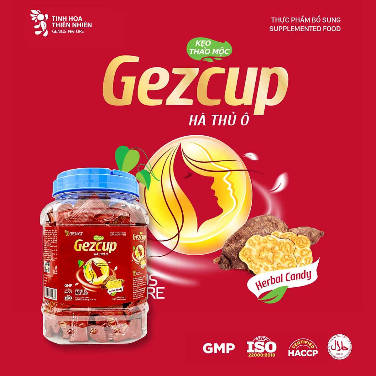 Kẹo thảo mộc Gezcup Hà thủ ô (Hủ 300 viên) - Genat Giao 2H HCM