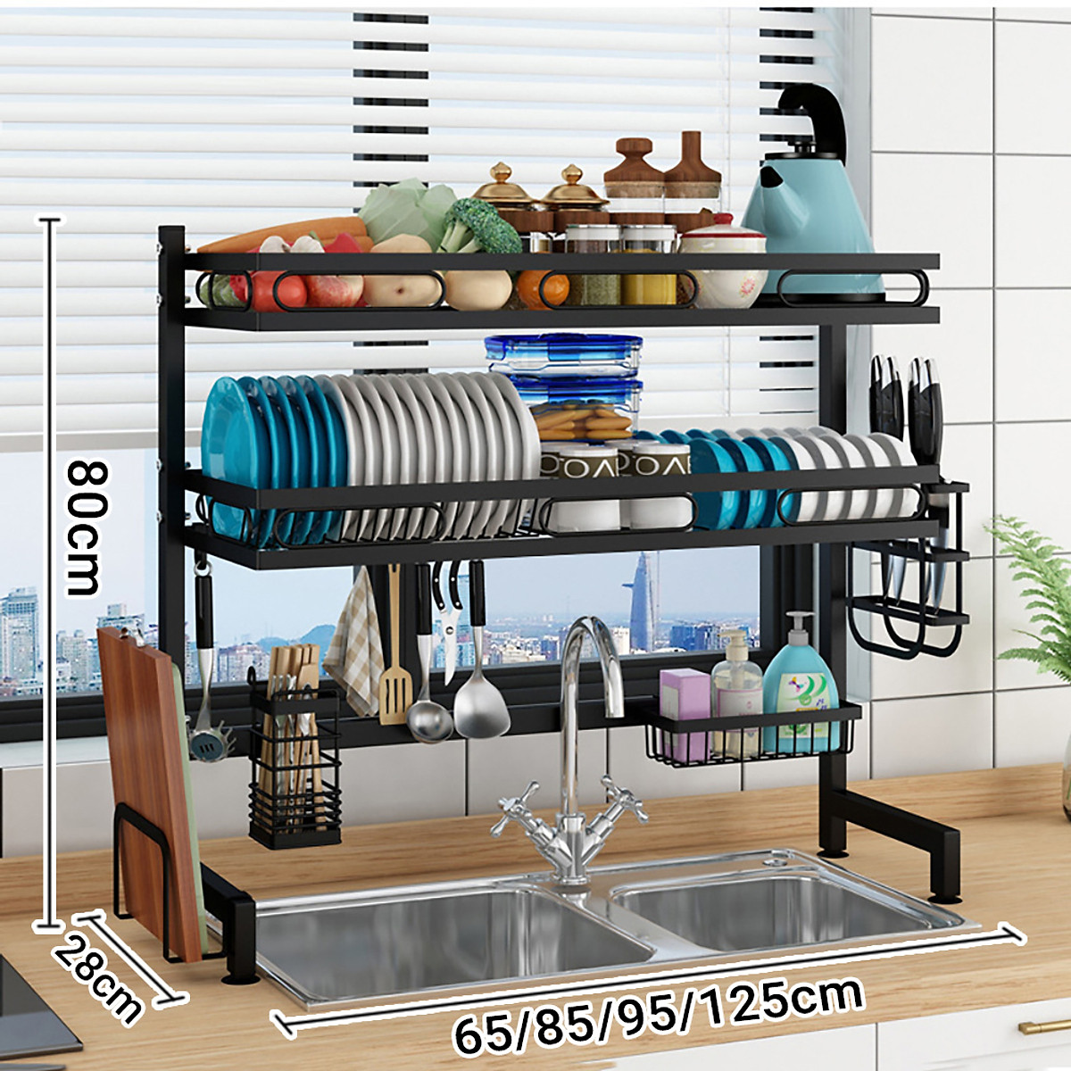 Kệ chén bát 2 tầng trên bồn rửa tiện lợi VANDO bằng thép carbon cao cấp không gỉ, giá úp bát, kệ để chén sạch sẽ nhà bếp
