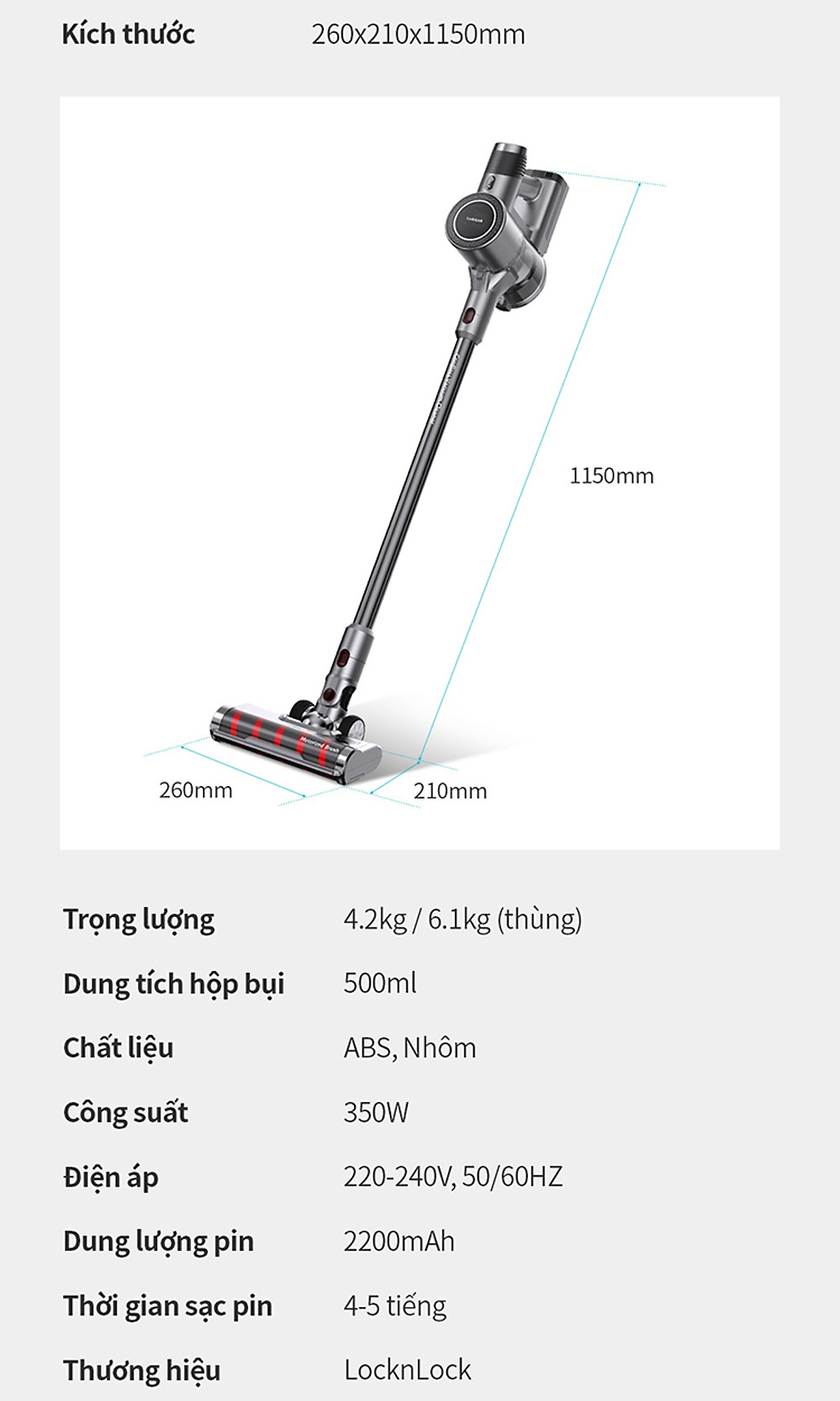 Máy hút bụi không dây Lock&lock ENV356GRY đa năng cầm tay 3 trong 1 (lau sàn, hút bụi, hút bụi giường nệm), động cơ BLDC (350W) - Hàng chính hãng