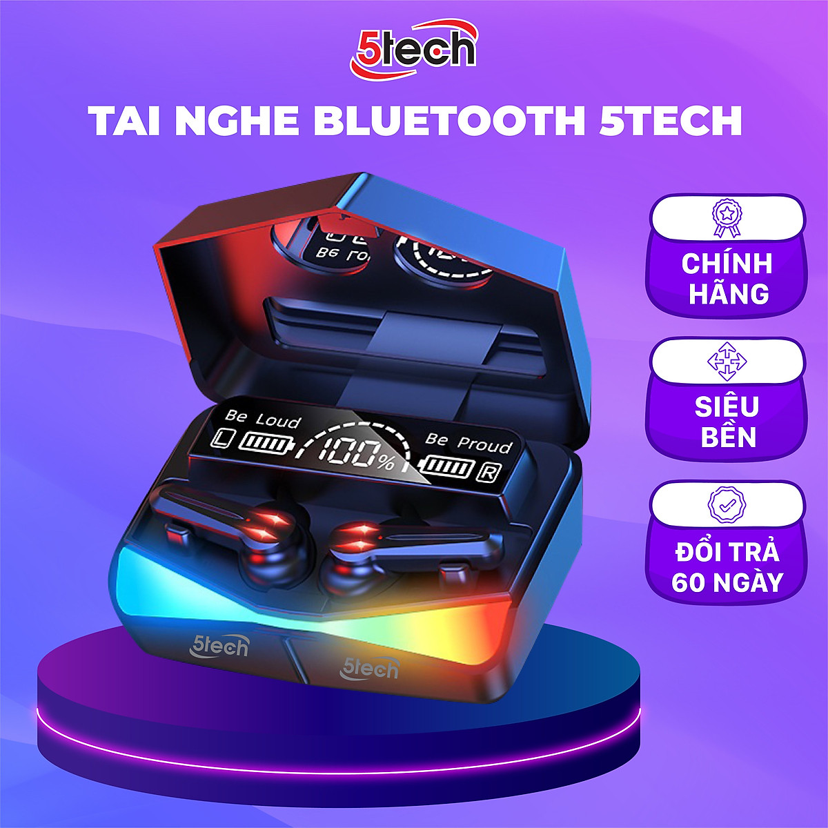 Tai nghe bluetooth 5TECH gaming monster hàng chính hãng, tai phone không dây pin trâu với màn hình LED tráng gương nghe nhạc cực hay