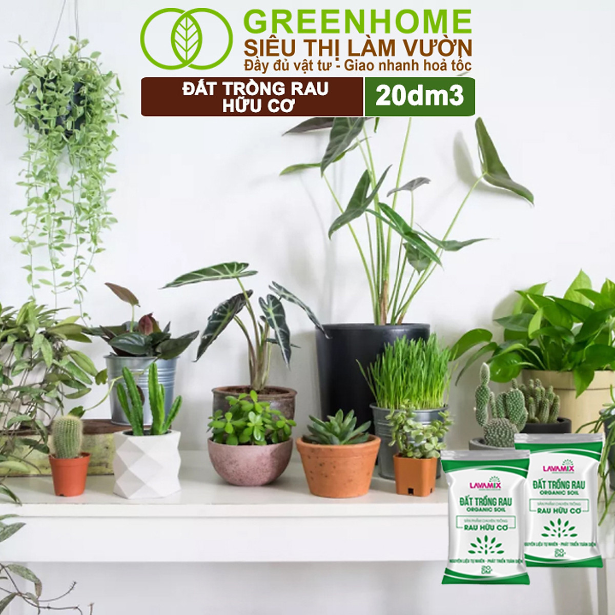 Đất Trồng Cây Greenhome, Bao 20dm3 (10kg), Đầy Đủ Dinh Dưỡng, Tiện Lợi, Dễ Sử Dụng, Chuyên Trồng Rau, Hoa, Kiểng