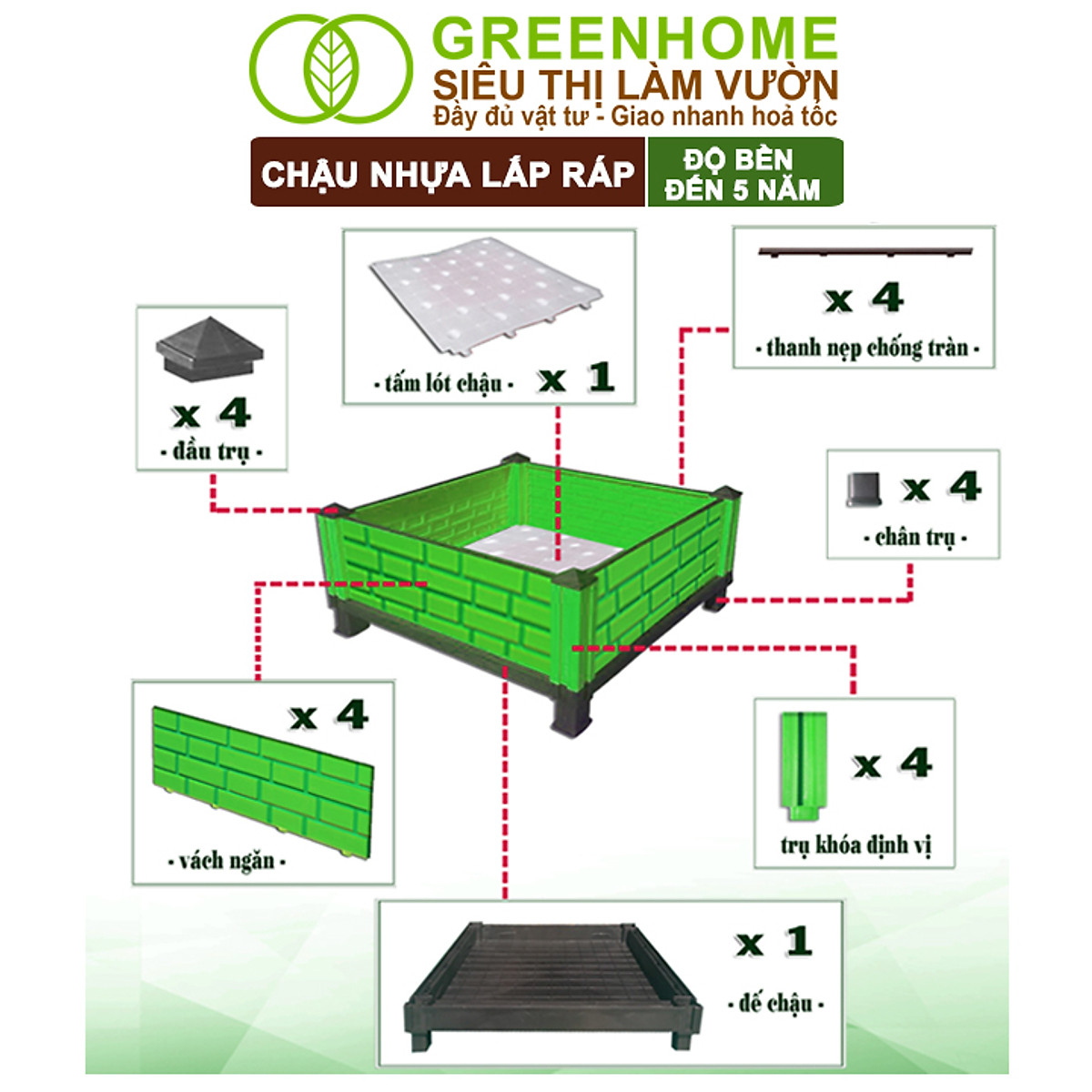 Chậu Trồng Cây Greenhome, Nhựa Nguyên Sinh Lắp Ráp, Nhiều Kích Thước, Trồng Hoa Hồng, Rau, Củ, Quả, Độ Bền 5 Năm