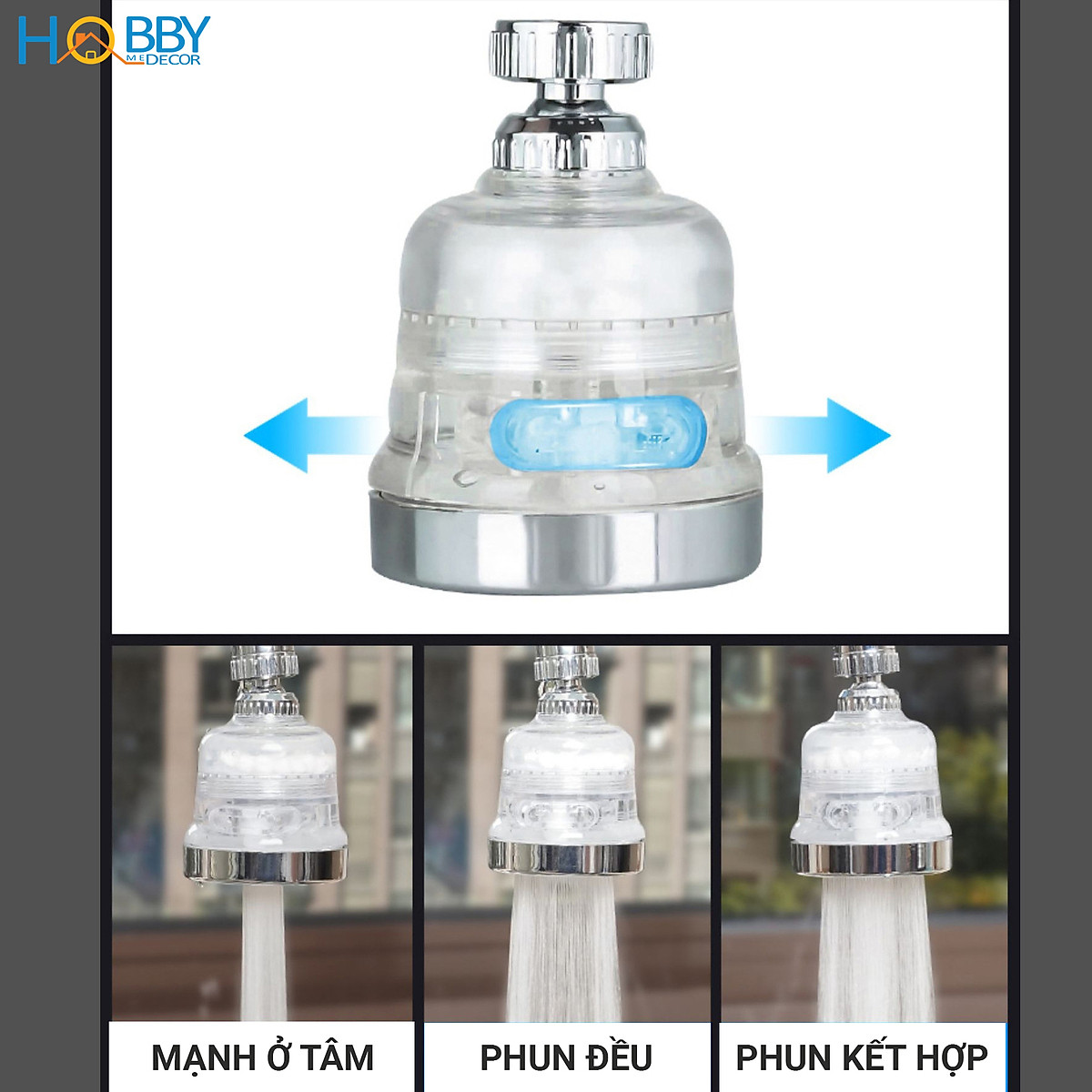 Đầu vòi tăng áp 3 chế độ có đầu lọc cặn HOBBY Home Decor VSTA3 - vỏ trong suốt - hỗ trợ tăng áp lực 3 chế độ phun ( TẶNG KÈM REN NỐI VÀ ĐẦU LỌC)
