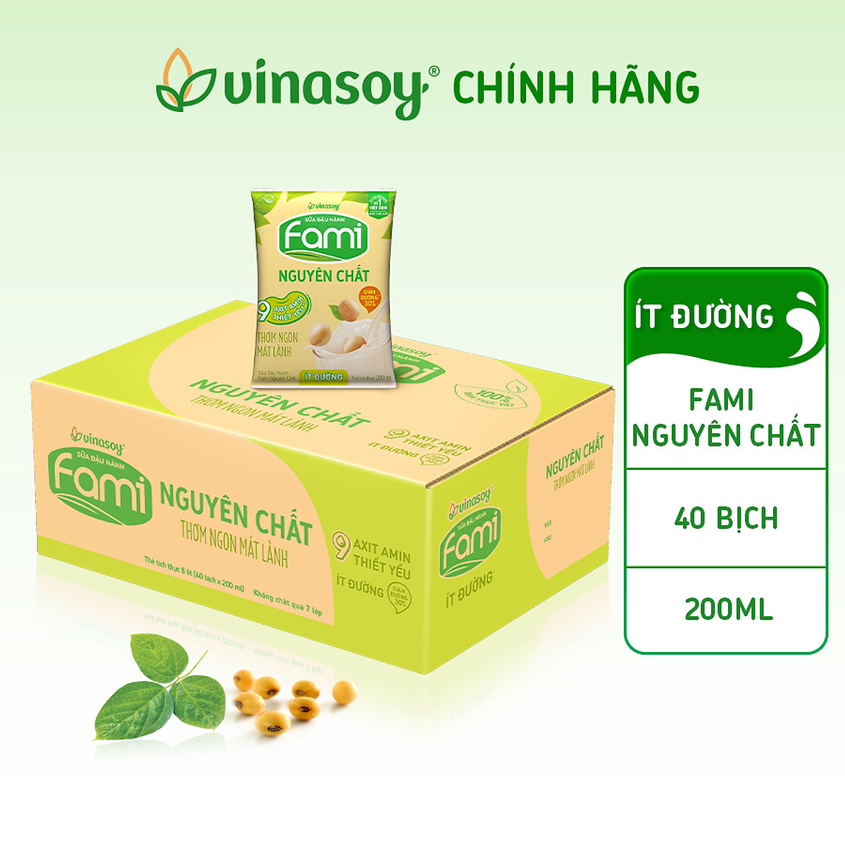 Thùng Sữa đậu nành Fami Nguyên Chất ít đường (200ml x 40 bịch)