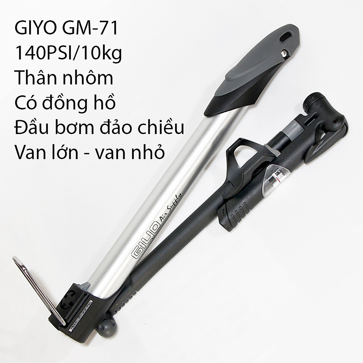 Bơm xe đạp mini GIYO-GM71, thân nhôm có đồng hồ, áp suất 120psi/9kg