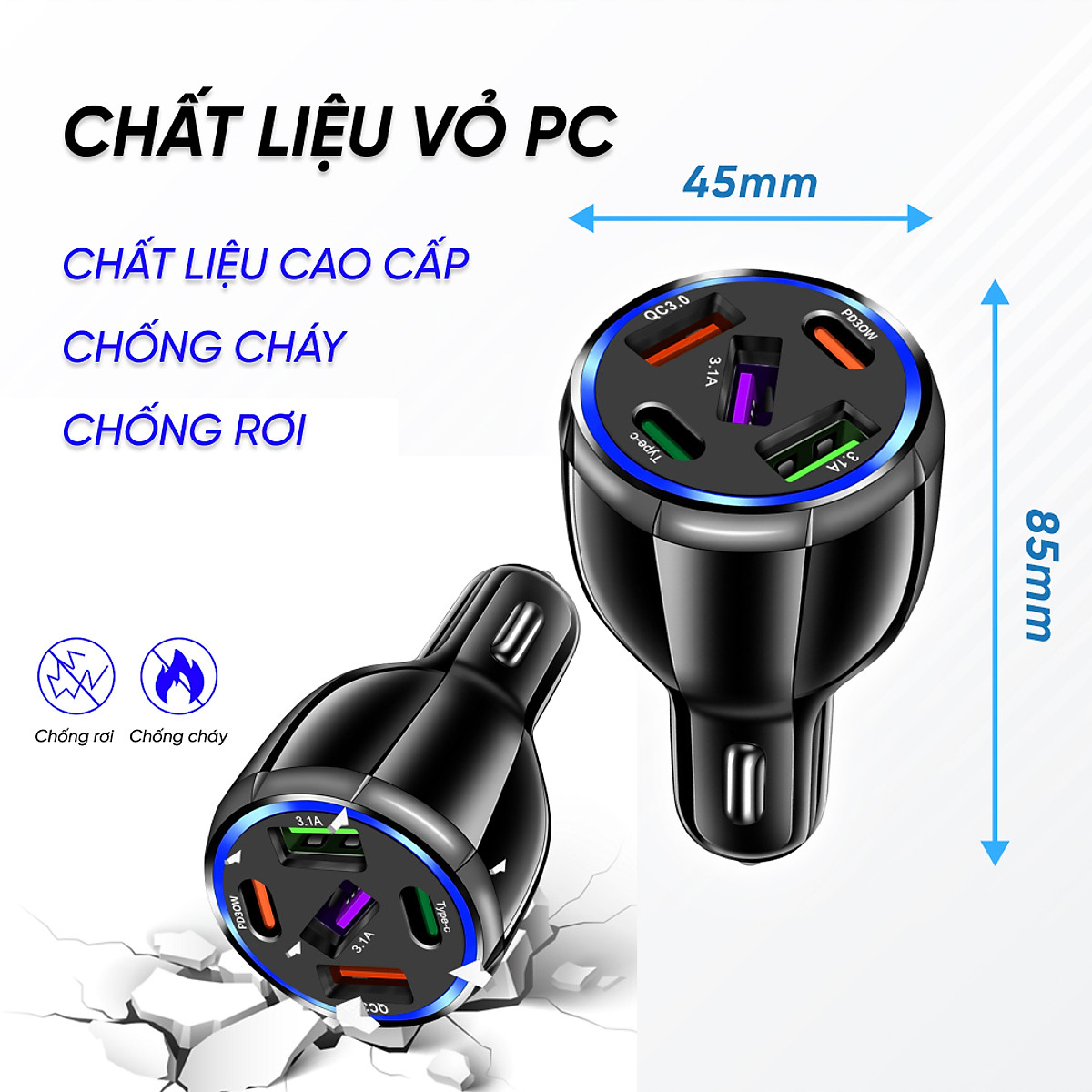Tẩu Sạc Xe Ô Tô Chia 5 Cổng USB Type C Chuẩn PD, Cổng Quick Charge 3.0 | Kích Thước Nhỏ Gọn, Sạc Nhanh, Dòng Điện Ổn Định