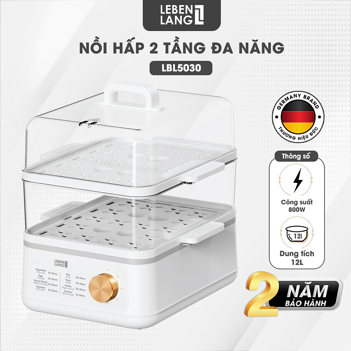Nồi hấp điện đa năng LEBENLANG LBEL5030 hấp 2 tầng,12L tiện lợi, 800W, bảo hành 2 năm - hàng chính hãng