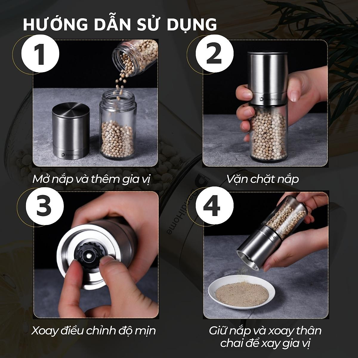 Lọ xay tiêu Inox 304 DandiHome cao cấp