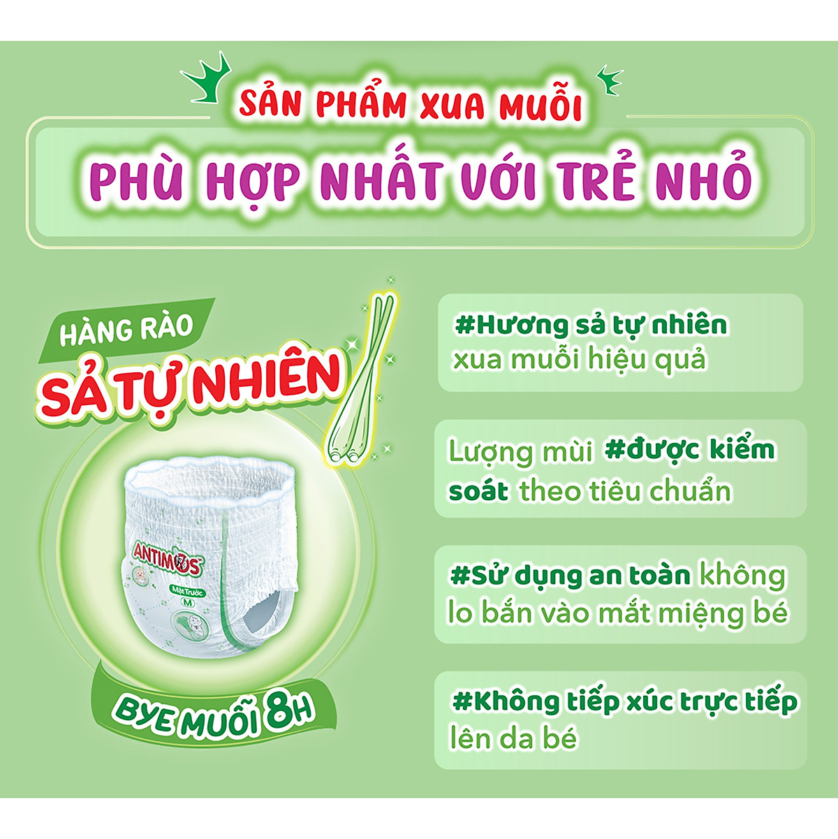 Tã Quần Xua Muỗi Bobby Antimos – Hàng rào Sả tự nhiên Bye Muỗi 8H - Size XL 48 miếng