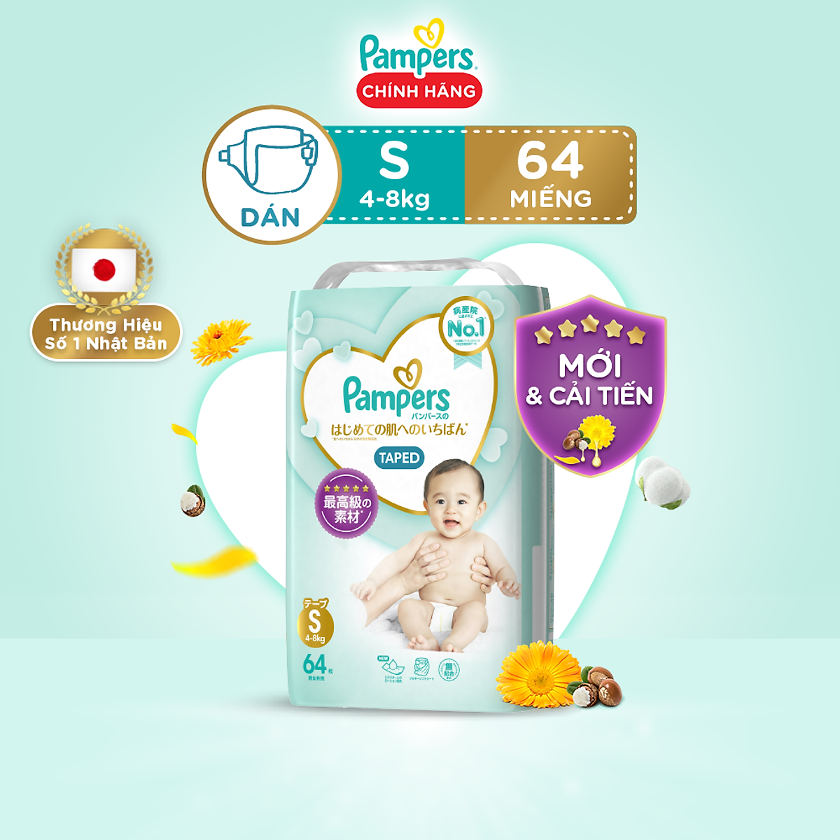 Tã/ Bỉm Dán PAMPERS Nhật Thượng Hạng, Size NB(70 miếng, dưới 5kg)/ S(64 miếng, 4-8kg)/ M(52 miếng, 6-12kg)/ L(42 miếng, 9-14kg), Siêu Mềm Mịn & Thoáng Khí