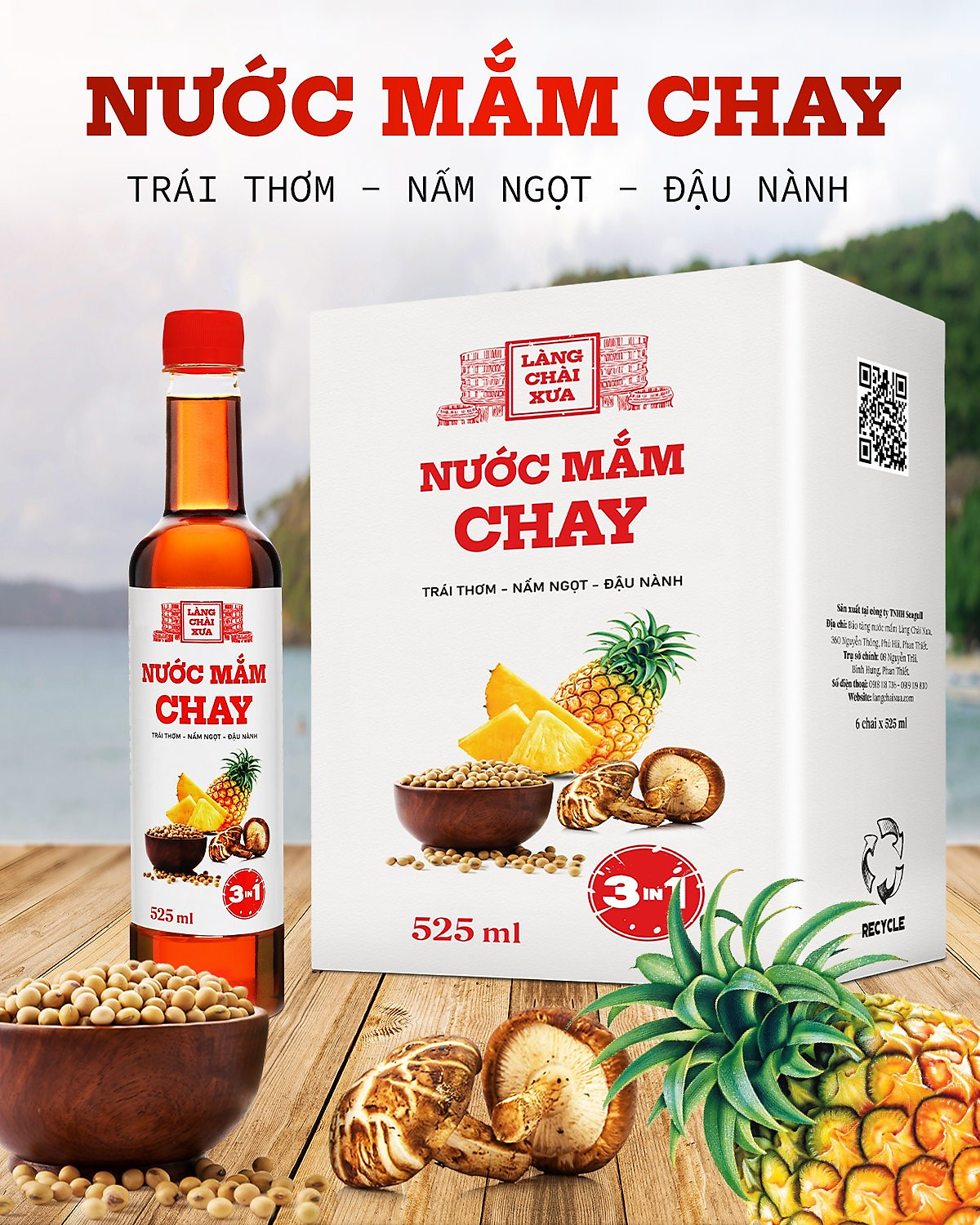 Đặc Sản Phan Thiết - Nước Mắm Chay 3 Trong 1 Làng Chài Xưa (01 Chai) 525Ml Trái Thơm Nấm Ngọt Đậu Nành 300 Năm Truyền Thống