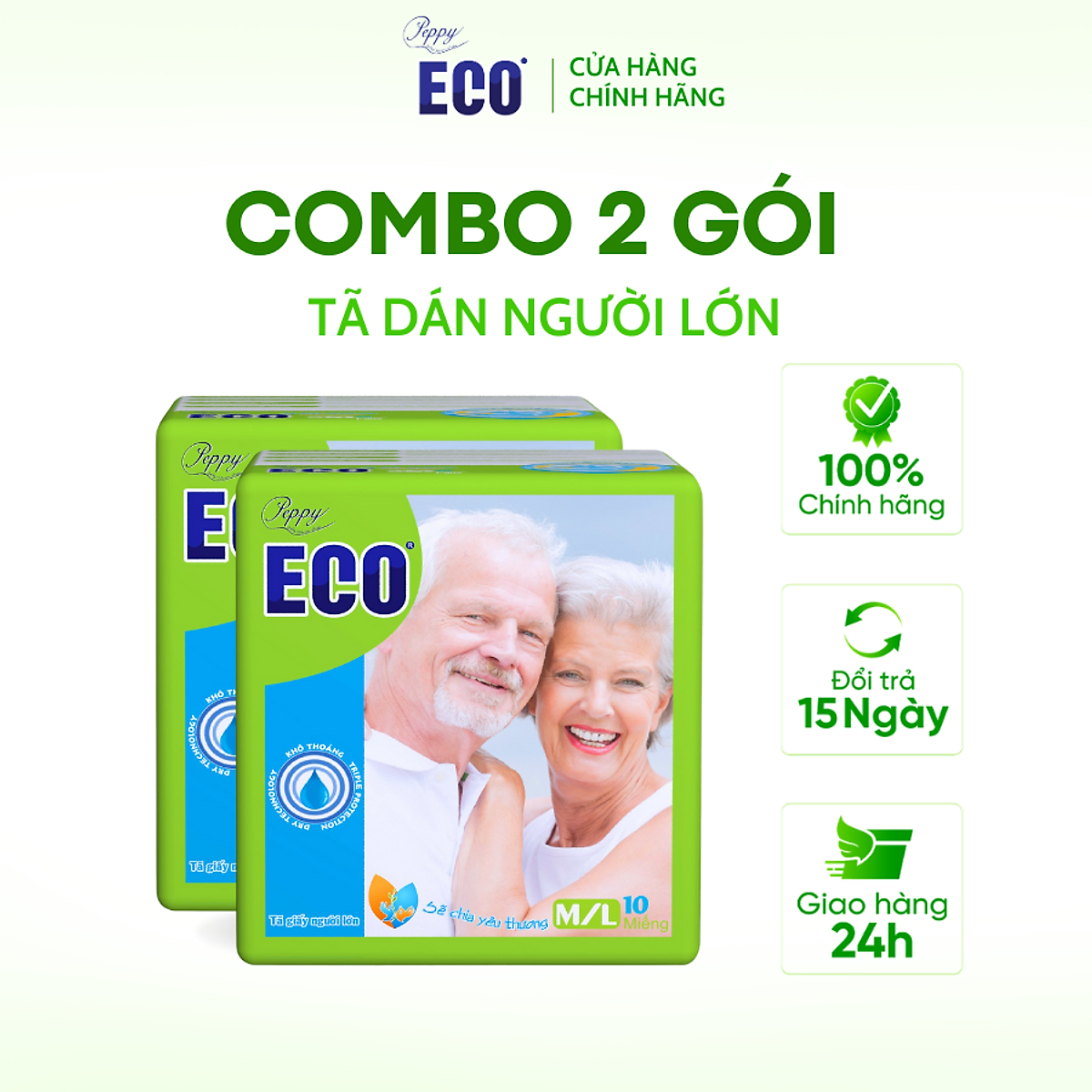 Combo 2 gói Tã Dán Người Lớn Peppy Eco Siêu Mềm Mại, Siêu Khô Thoáng, Kháng khuẩn Size M/L