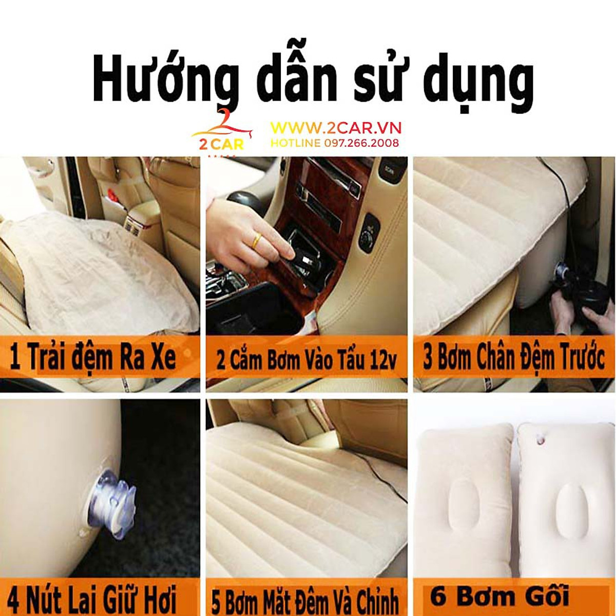 Đệm hơi ô tô, nêm hơi cho xe ô tô cao cấp, loại dày dặn, Tặng kèm bơm điện 2 gối và miếng vá dự phòng