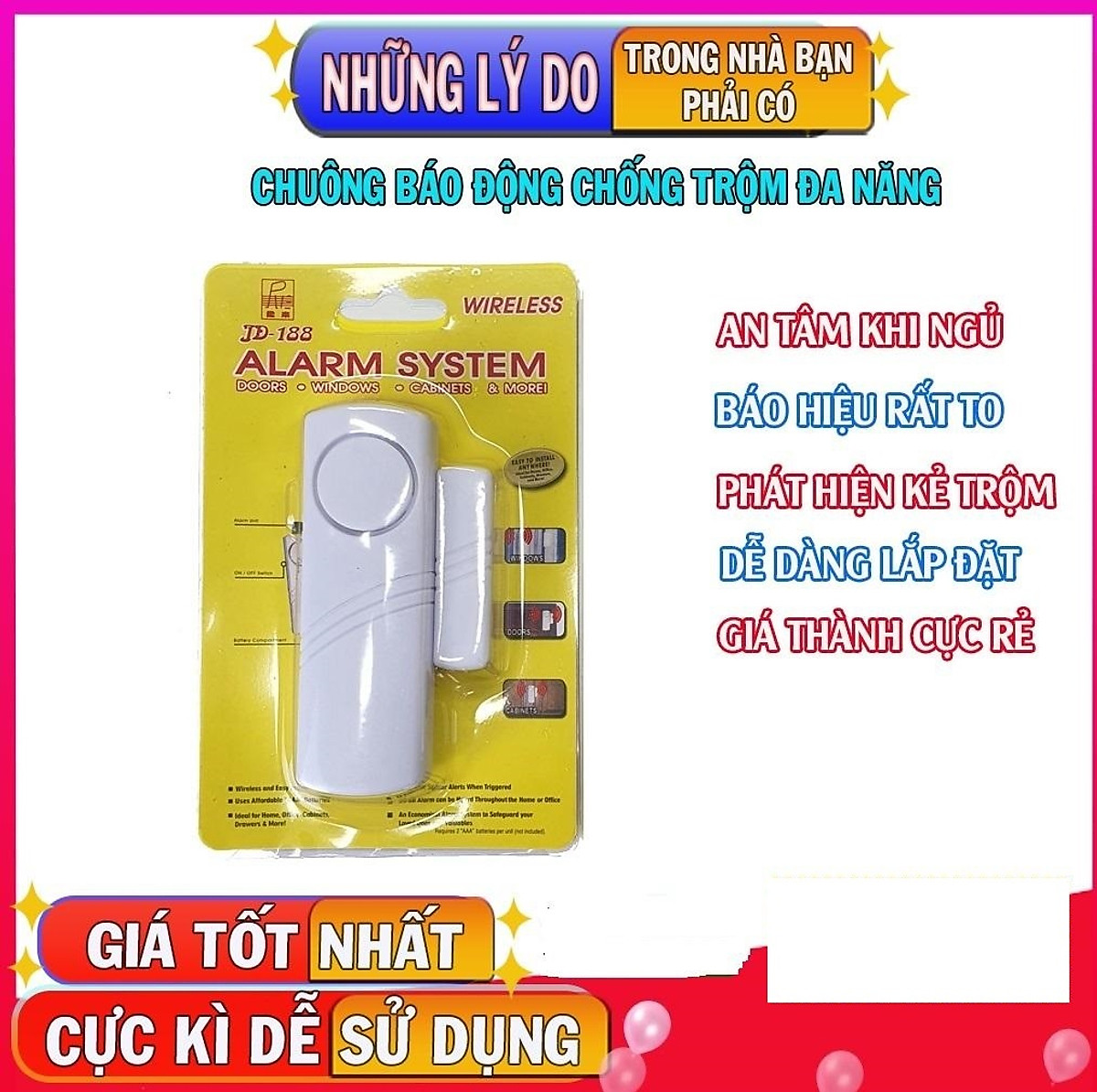 Chuông báo động chống trộm gắn cửa không dây cảm ứng từ, kêu to có công tắc, Chất lượng cao, bền bỉ - Hàng chính hãng
