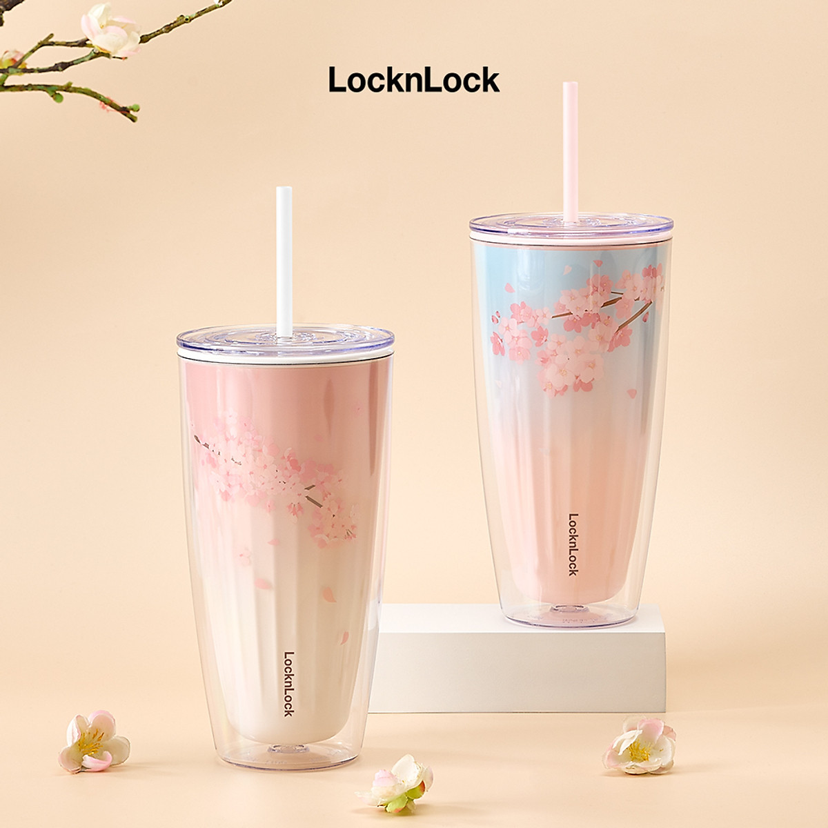 Ly nhựa 2 lớp Cherry Blossom Double wall Cold Cup LocknLock HAP522 - Kèm ống hút - Dung tích 750ml