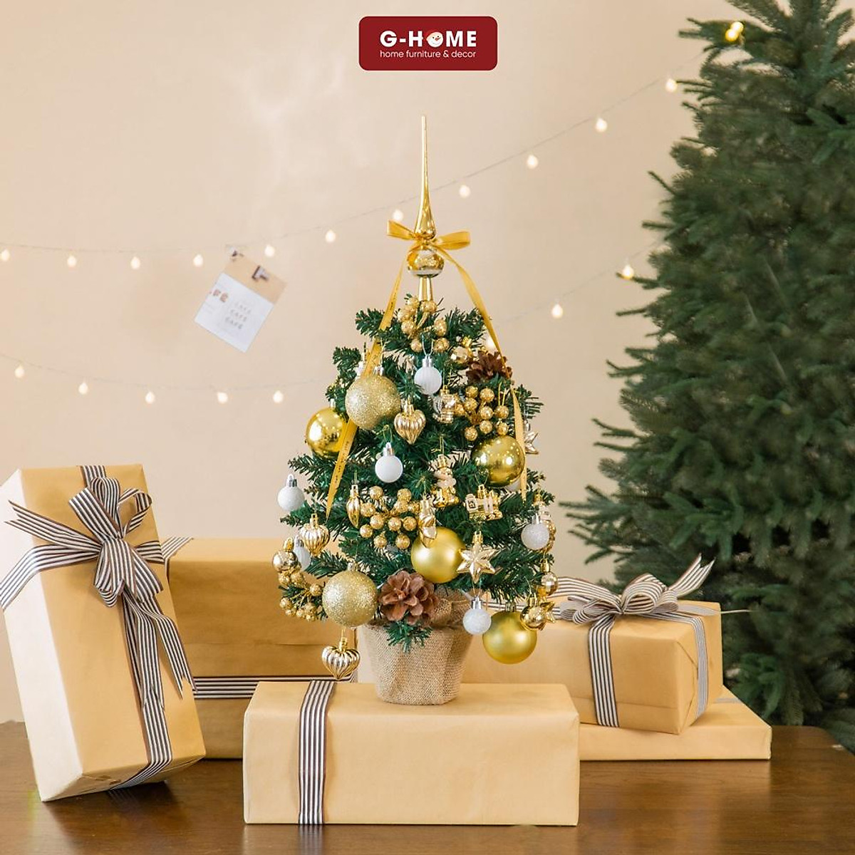 Cây thông Noel mini để bàn 3 màu 55cm kèm đèn LED phụ kiện trang trí