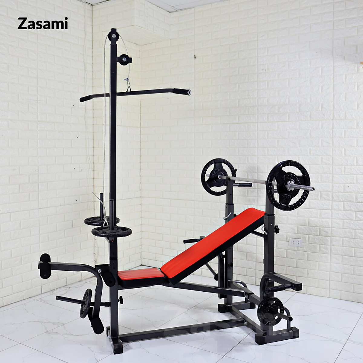 Giàn tạ đa năng 8210 Zasami kèm 50kg tạ gang , đòn tạ 1m5, 1 găng tay tập tạ ( Màu ngẫu nhiên )