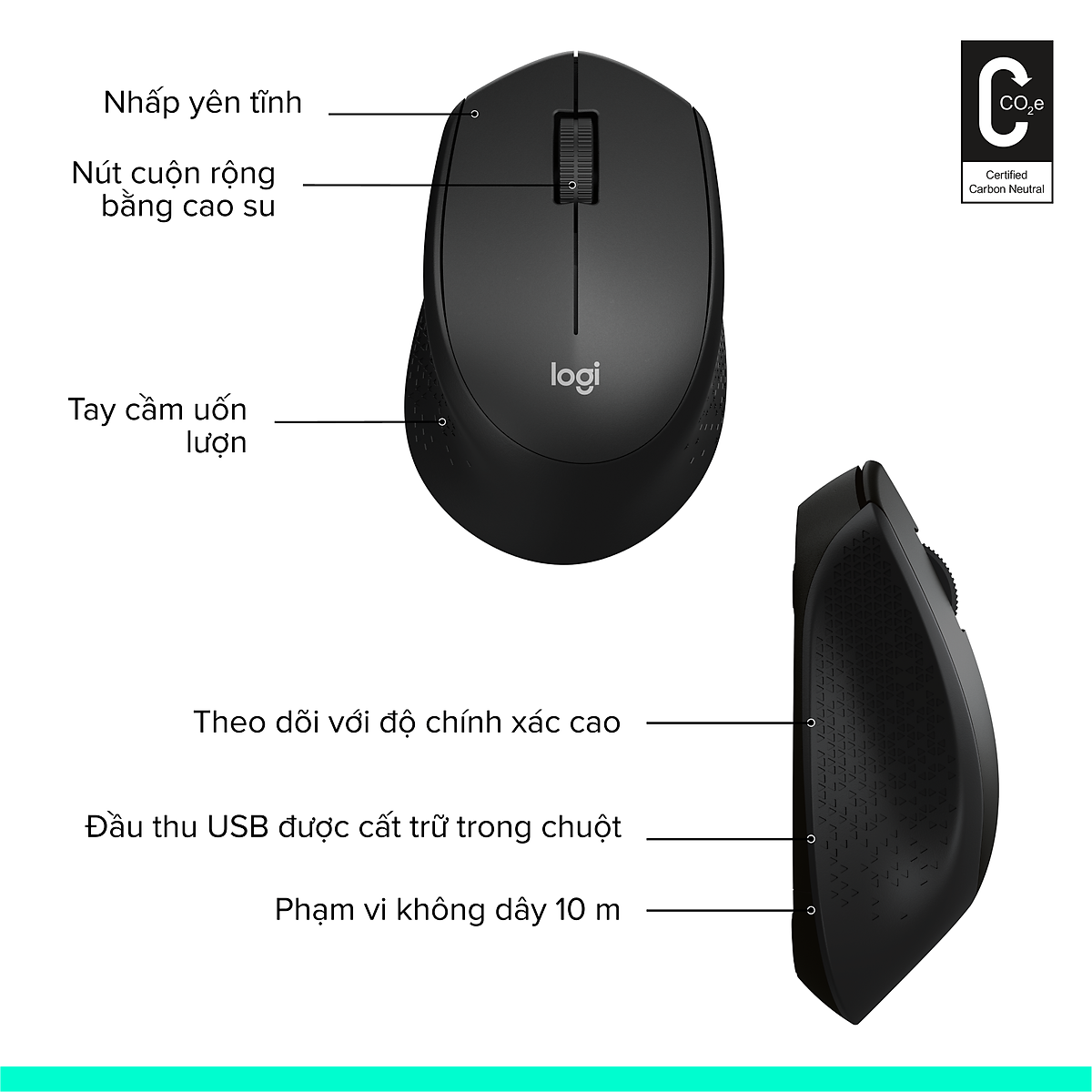Chuột không dây Logitech M330 Silent Plus giảm ồn 90% - USB 2.4GHz, pin 2 năm, phù hợp người thuận tay phải, PC/ Laptop - Hàng chính hãng - Màu Đen