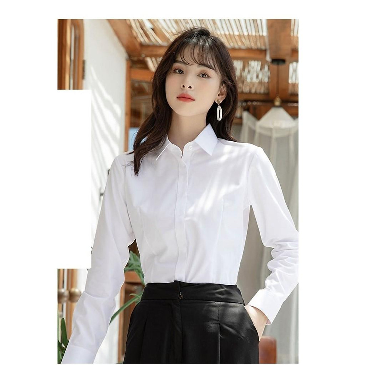 Áo Sơ Mi Thời Trang Công Sở Nữ Dài Tay Màu Trắng Cổ Đức Nẹp Giấu Khuy Trẻ Trung, Thiết Kế Basic Quyên Fashion AA543