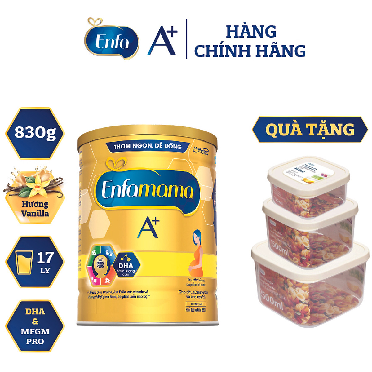 Bộ 2 Lon Sữa Bầu Enfamama 360° Brain Plus Cho Mẹ - Vị Vani - 830g - Tặng Bộ 3 hộp thực phẩm vuông Hokkaido 750-1500-2500ml