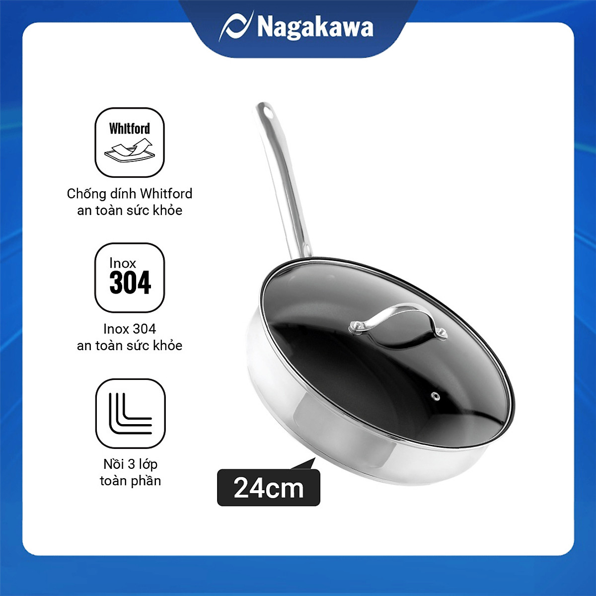Chảo chống dính inox đa lớp Nagakawa Aki NAG04 - Dùng trên mọi loại bếp - Hàng chính hãng