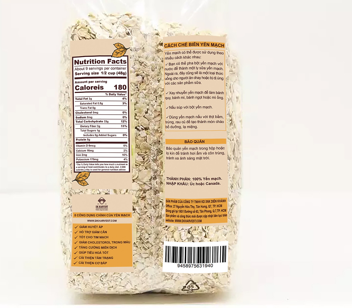 Yến Mạch Cán Mỏng DK Harvest - Túi 500g, 1kg