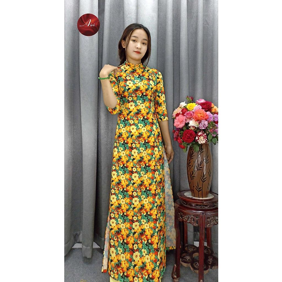 Áo dài nữ có cổ họa tiết hoa nhí nổi bật chất lụa nhật cao cấp - Áo dài Airi