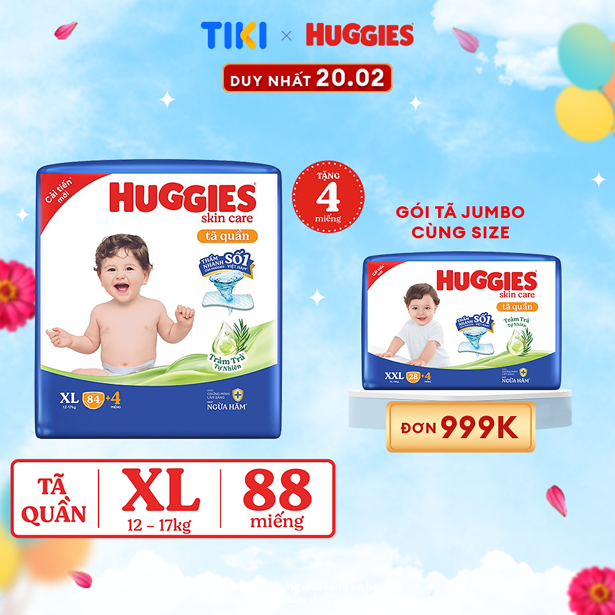 Tã/bỉm quần Huggies Skin Care Mega Jumbo XL84+4 miếng với tràm trà dịu da