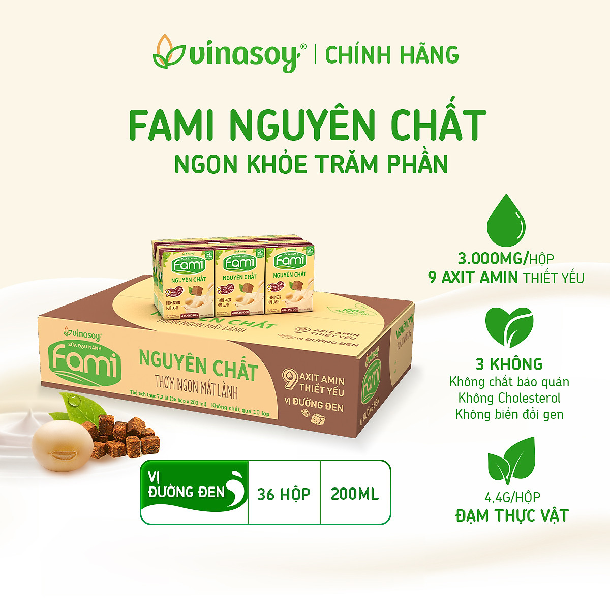 Thùng Sữa Đậu Nành Fami Nguyên Chất Vị Đường Đen (200ml x 36 Hộp)