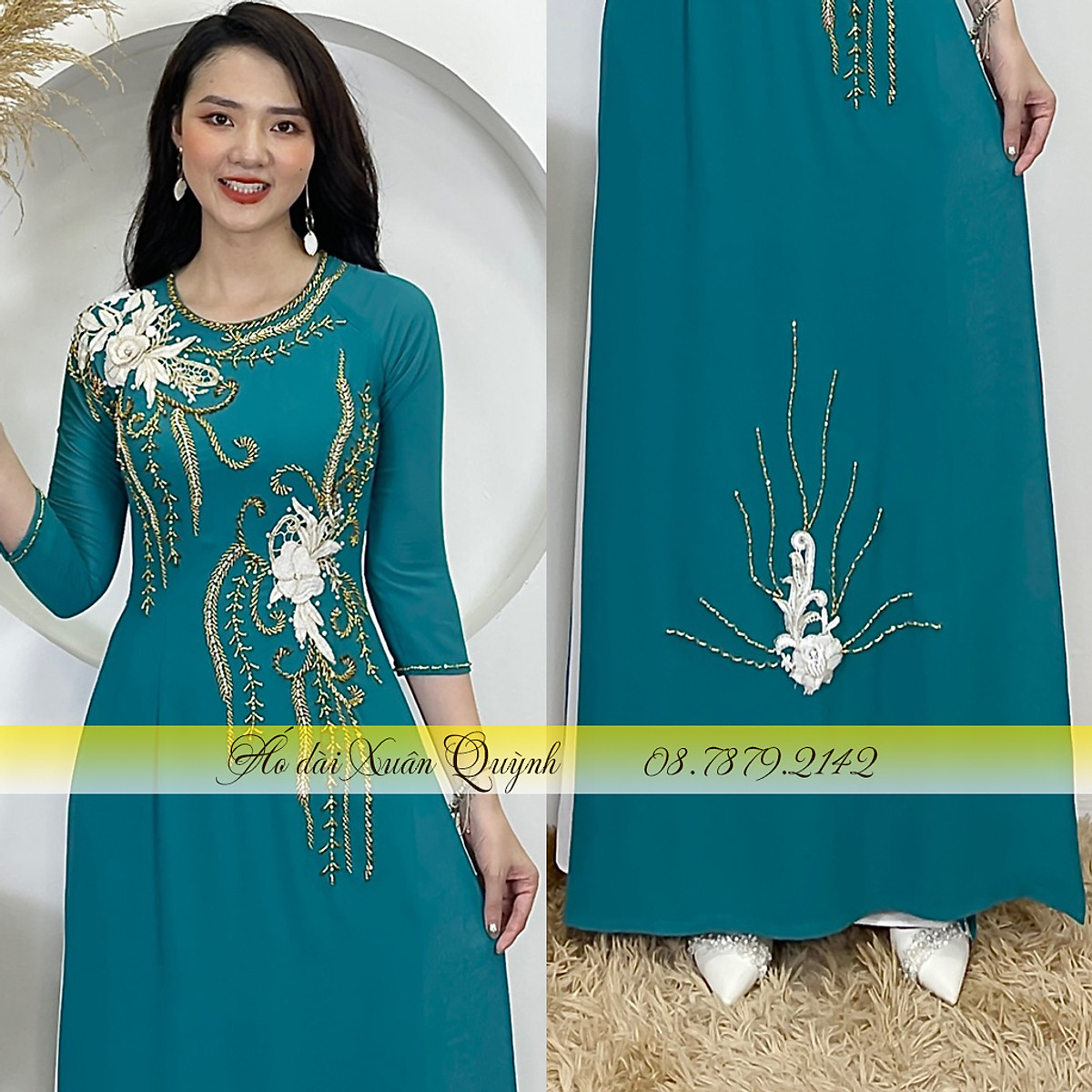 Áo Dài Mẹ - Sui Gia Đám Cưới Đám Hỏi 4 Tà, Sang Trọng, Thanh Lịch Đính Kết Thủ Công Xanh Thiên Lý