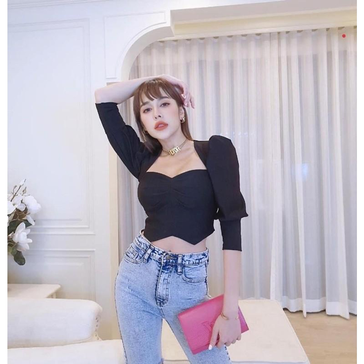 Áo thun kiểu croptop nhún ngực chất borip kèm mút ngực
