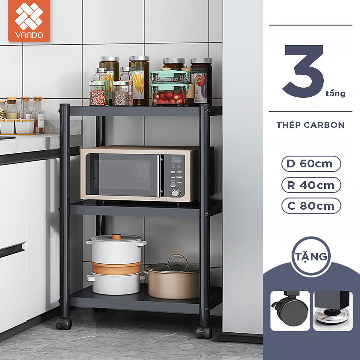 Kệ lò vi sóng đa năng Thép Carbon cao cấp Vando, kệ để đồ nhà bếp siêu chịu lực 300kg sơn tĩnh điện chống bong tróc, kệ nhà bếp