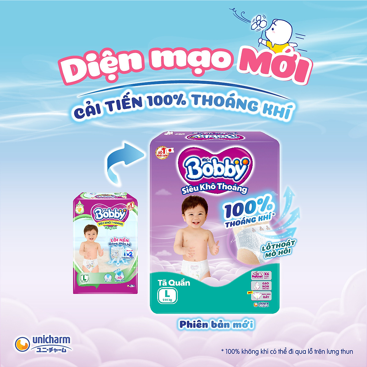Tã quần Bobby Siêu Khô Thoáng - 100% Thoáng Khí Super Jumbo