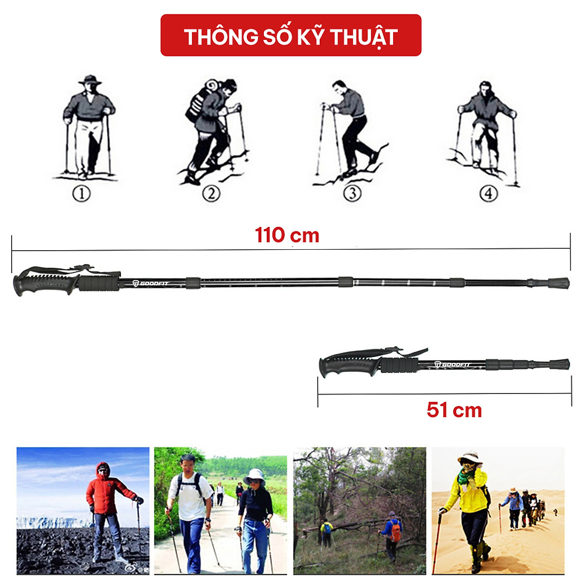 Gậy leo núi, gậy trekking GoodFit chính hãng gấp khúc dùng du lịch, phượt, dã ngoại GF03E